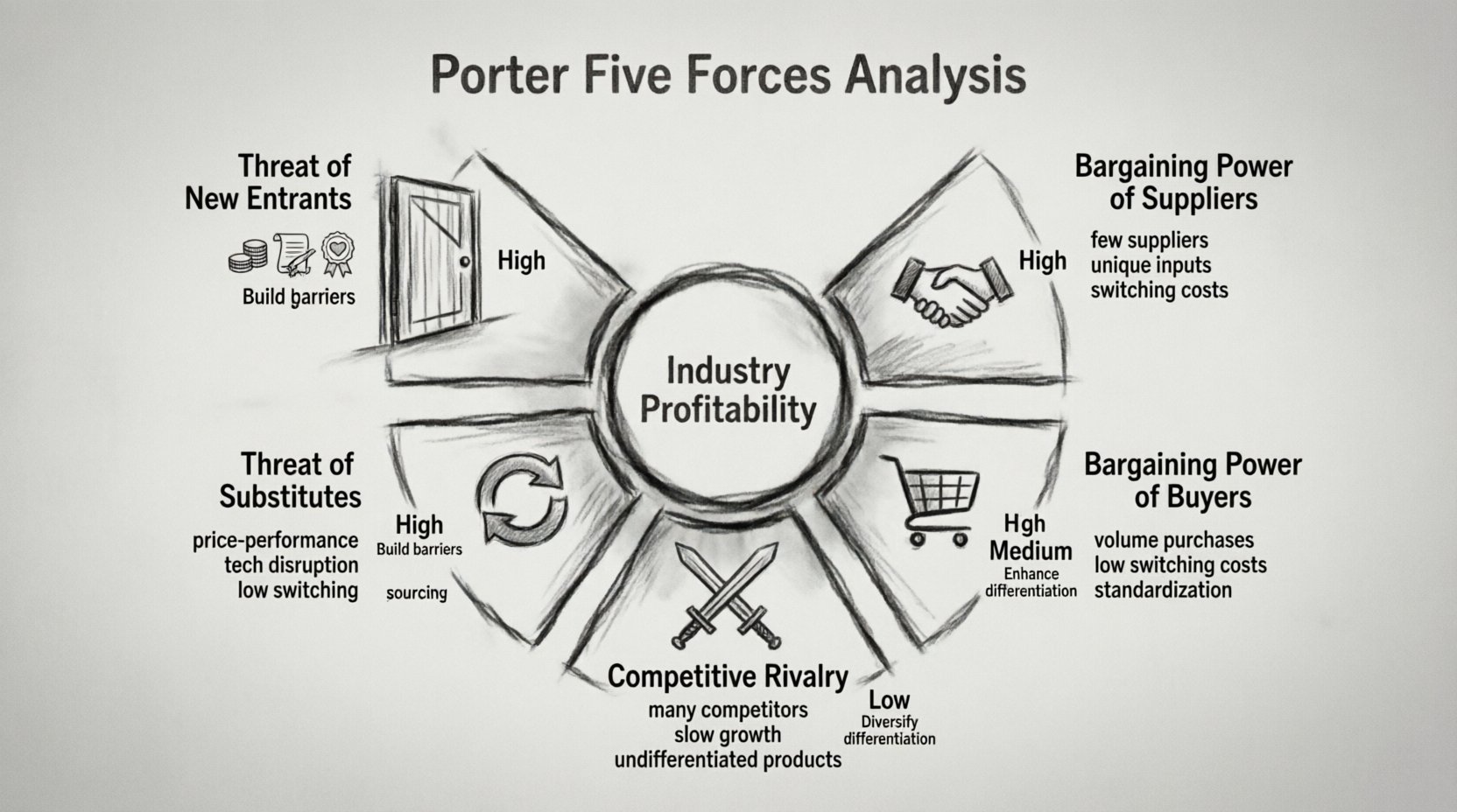 Charcoal sketch infographic of Porter Five Forces Analysis showing five competitive forces: threat of new entrants, supplier power, buyer power, substitution threat, and industry rivalry, with key indicators and strategic implications for market analysis and business strategy planning