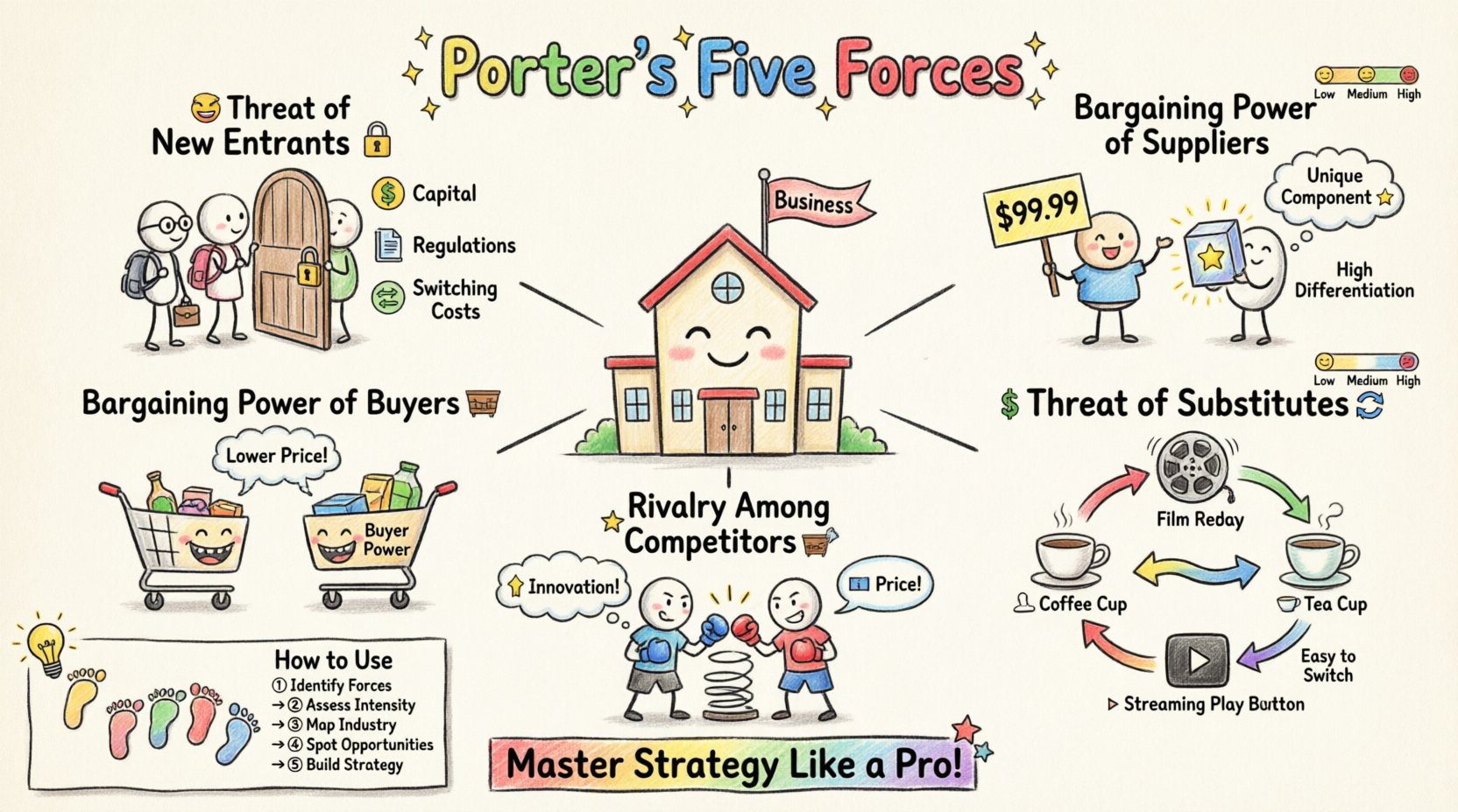 Child's drawing style infographic explaining Porter's Five Forces Analysis for strategy students: colorful hand-drawn illustration showing five competitive forces - Threat of New Entrants with lock and door icons, Bargaining Power of Suppliers with price tags, Bargaining Power of Buyers with shopping carts and megaphones, Threat of Substitute Products with alternative product arrows, and Rivalry Among Competitors with playful competition visuals - plus intensity meters using smiley faces, step-by-step usage footprints, and key takeaways, all in bright crayon colors with playful bubble letters on 16:9 layout for undergraduate business education