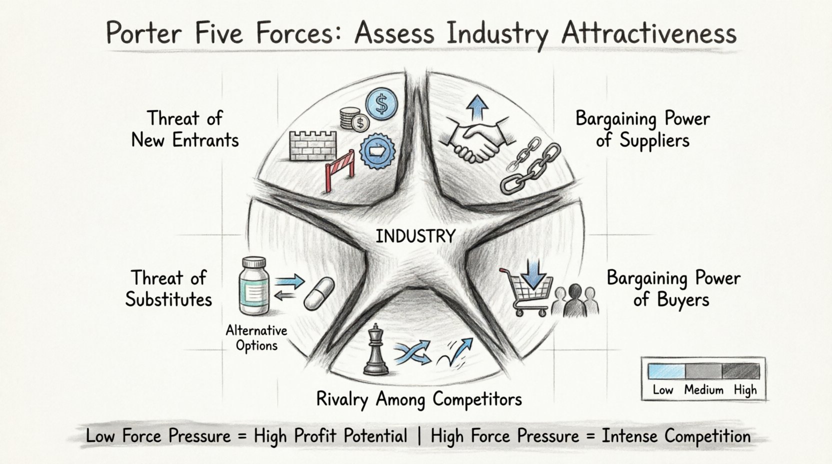 Sketch-style infographic illustrating Porter's Five Forces framework for industry analysis: threat of new entrants, supplier power, buyer power, threat of substitutes, and competitive rivalry, with hand-drawn icons and visual indicators showing how each force impacts industry attractiveness and profit potential