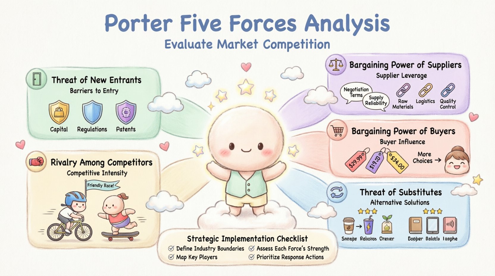 Kawaii-style infographic illustrating Porter's Five Forces Analysis: Threat of New Entrants, Bargaining Power of Suppliers, Bargaining Power of Buyers, Threat of Substitute Products, and Rivalry Among Competitors, featuring cute pastel characters, soft rounded design, and intuitive visual checklist for evaluating market competition and business strategy