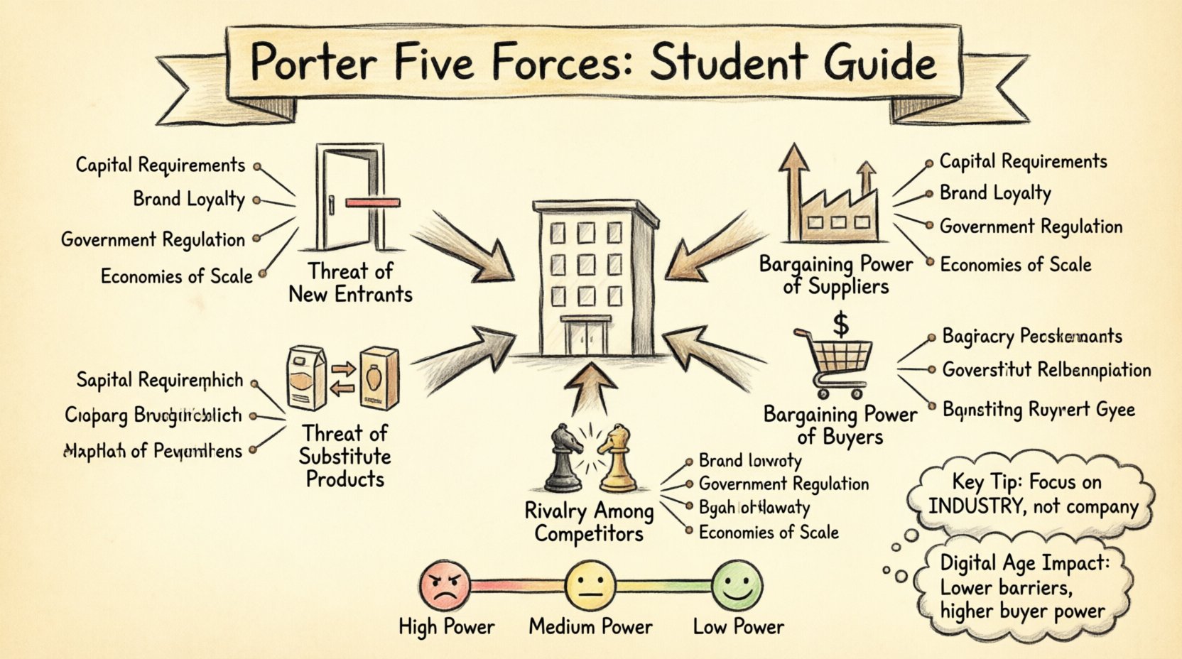 Hand-drawn infographic explaining Porter's Five Forces framework for students, showing the five competitive forces (threat of new entrants, supplier power, buyer power, substitute products, and competitive rivalry) with key indicators and rating scale in a 16:9 educational illustration style
