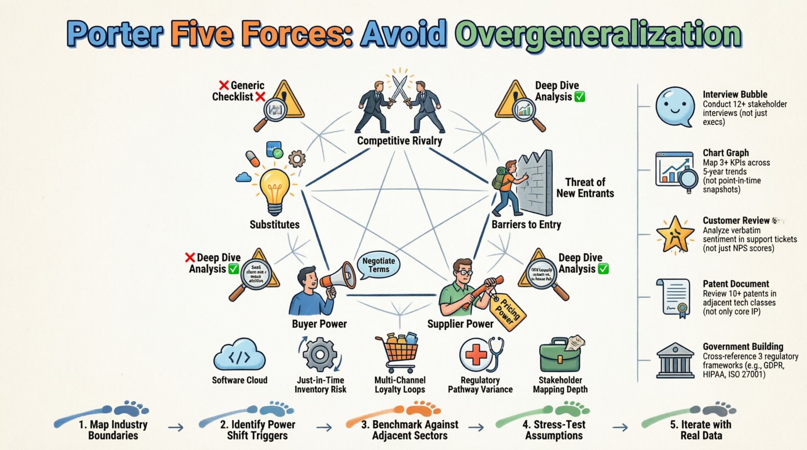 Cartoon infographic explaining Porter's Five Forces framework for industry analysis, illustrating how to avoid overgeneralization with visual representations of competitive rivalry, threat of new entrants, supplier power, buyer power, and substitute threats, plus industry-specific nuances, methodology checklist, and actionable strategic steps for accurate business assessment