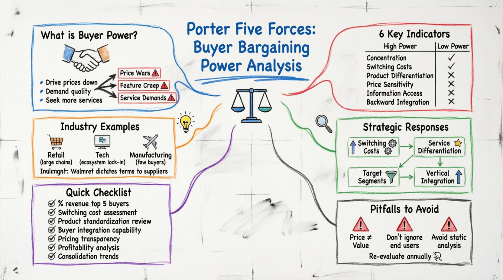 Hand-drawn whiteboard infographic illustrating Porter's Five Forces analysis focused on buyer bargaining power, featuring six key indicators, industry examples across retail tech and manufacturing sectors, strategic responses to high buyer power, and an actionable assessment checklist for business strategy planning