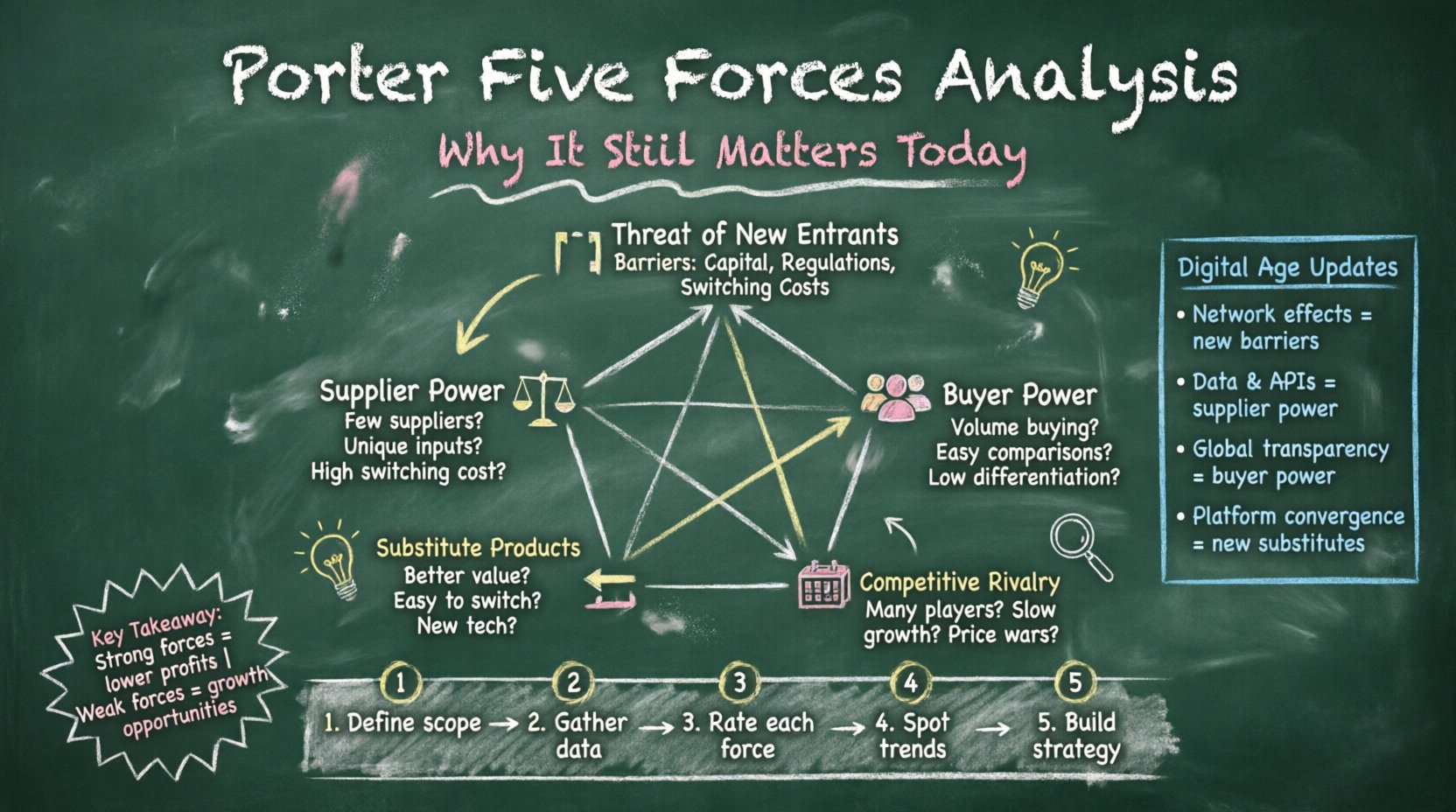 Chalkboard-style infographic illustrating Porter's Five Forces Analysis framework: Threat of New Entrants, Supplier Power, Buyer Power, Substitute Products, and Competitive Rivalry. Features hand-written teacher aesthetic with icons, key factors, digital-age adaptations, implementation steps, and strategic takeaways for business strategy planning. 16:9 aspect ratio, educational visual guide for market analysis and competitive intelligence.