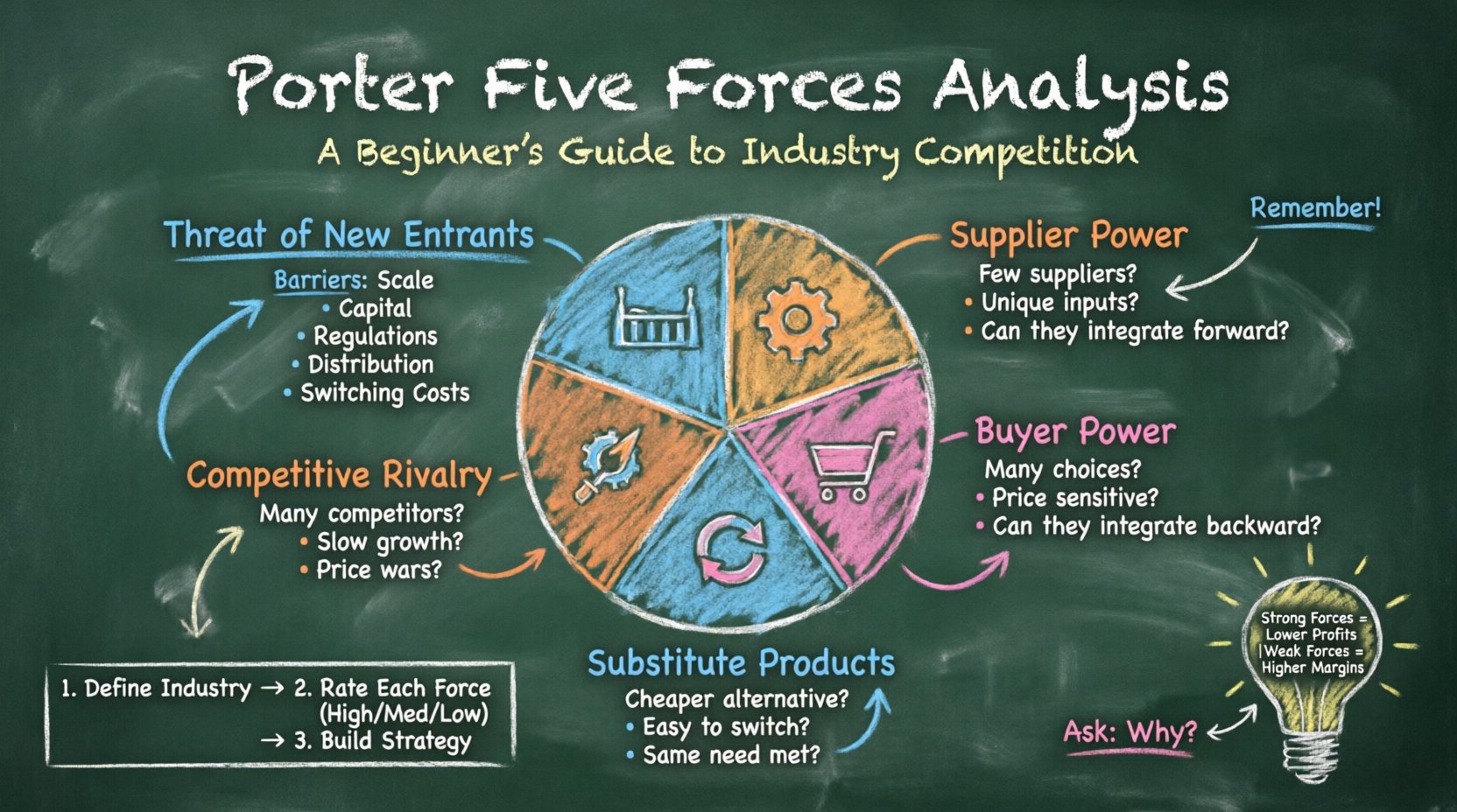 Chalkboard-style educational infographic illustrating Porter's Five Forces Analysis for business strategy beginners, featuring hand-drawn diagrams of the five competitive forces: threat of new entrants, supplier power, buyer power, substitute products, and competitive rivalry, with key assessment questions, barriers to entry, and strategic implications presented in teacher-style handwritten chalk text on a dark green board background, 16:9 aspect ratio