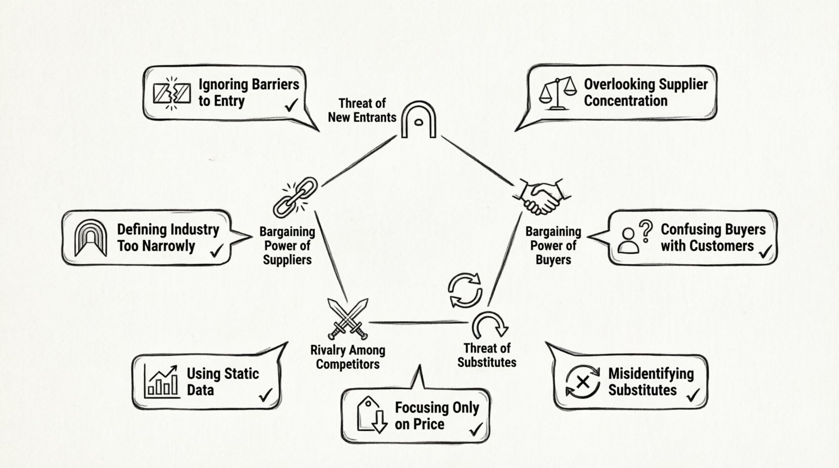 Line art infographic of Porter's Five Forces model highlighting seven common strategic analysis mistakes: ignoring entry barriers, overlooking supplier concentration, confusing buyers with customers, misidentifying substitutes, focusing only on price competition, using static market data, and defining industry too narrowly, with visual icons and strategic fixes for business strategy education