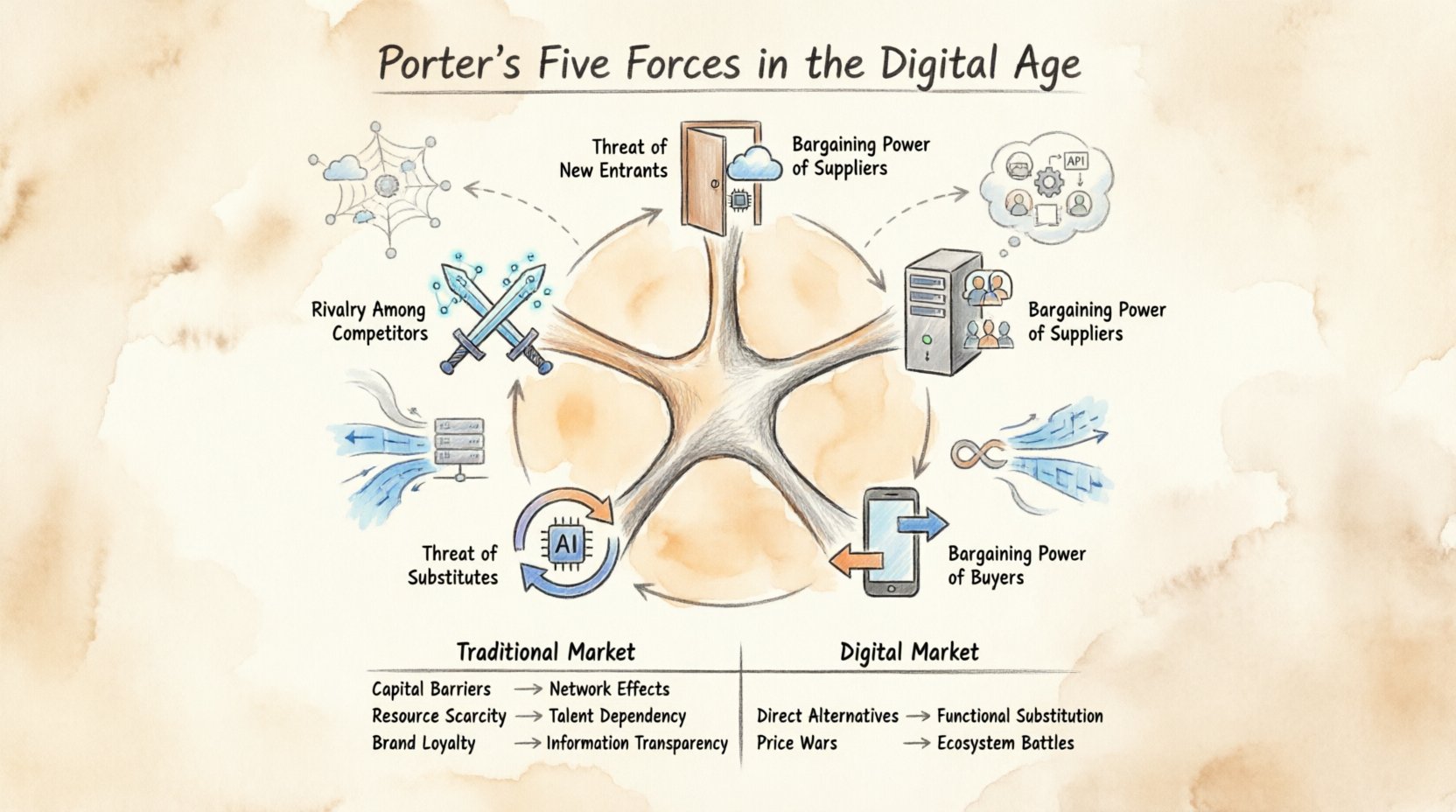 Hand-drawn infographic illustrating Porter's Five Forces framework adapted for digital markets, showing Threat of New Entrants, Supplier Power, Buyer Power, Threat of Substitutes, and Competitive Rivalry with digital-era factors like network effects, data assets, platform ecosystems, and rapid innovation cycles