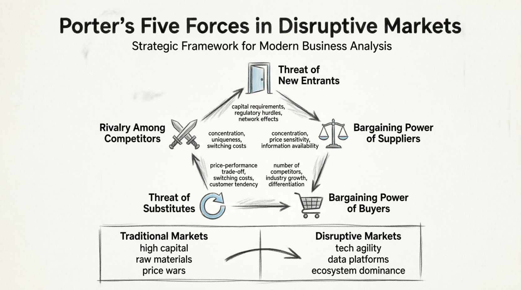 Hand-drawn sketch infographic illustrating Porter's Five Forces framework applied to disruptive markets, featuring a central pentagon diagram with five competitive forces: threat of new entrants, bargaining power of suppliers, bargaining power of buyers, threat of substitutes, and rivalry among competitors, each annotated with key factors like capital requirements, network effects, switching costs, and ecosystem dominance, plus a comparison table contrasting traditional market dynamics with disruptive market contexts, designed for strategic business analysis and competitive intelligence planning