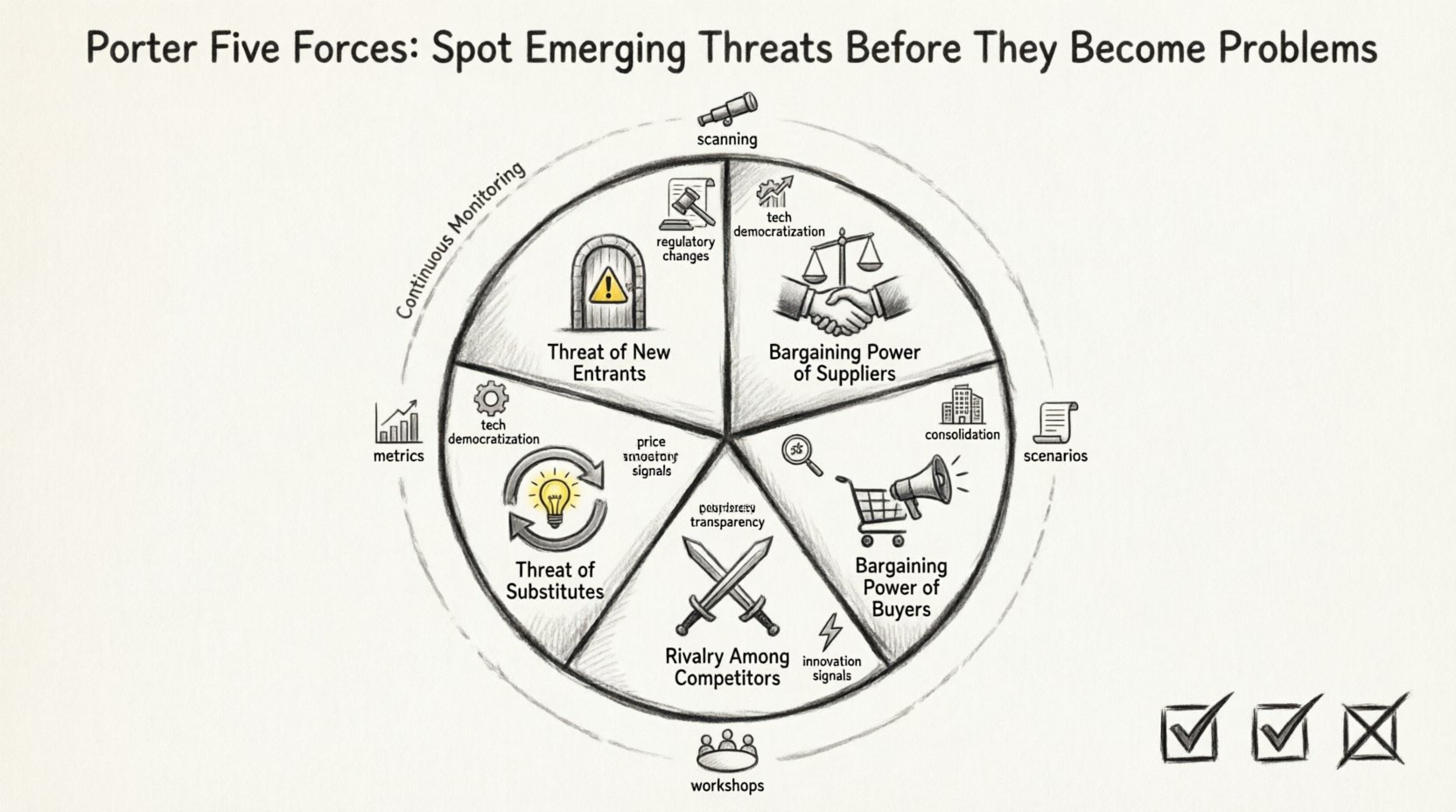 Charcoal contour sketch infographic of Porter's Five Forces framework showing how to spot emerging business threats: threat of new entrants, supplier bargaining power, buyer bargaining power, substitute products, and competitive rivalry, with key warning indicators and continuous monitoring methodology for strategic planning and risk management