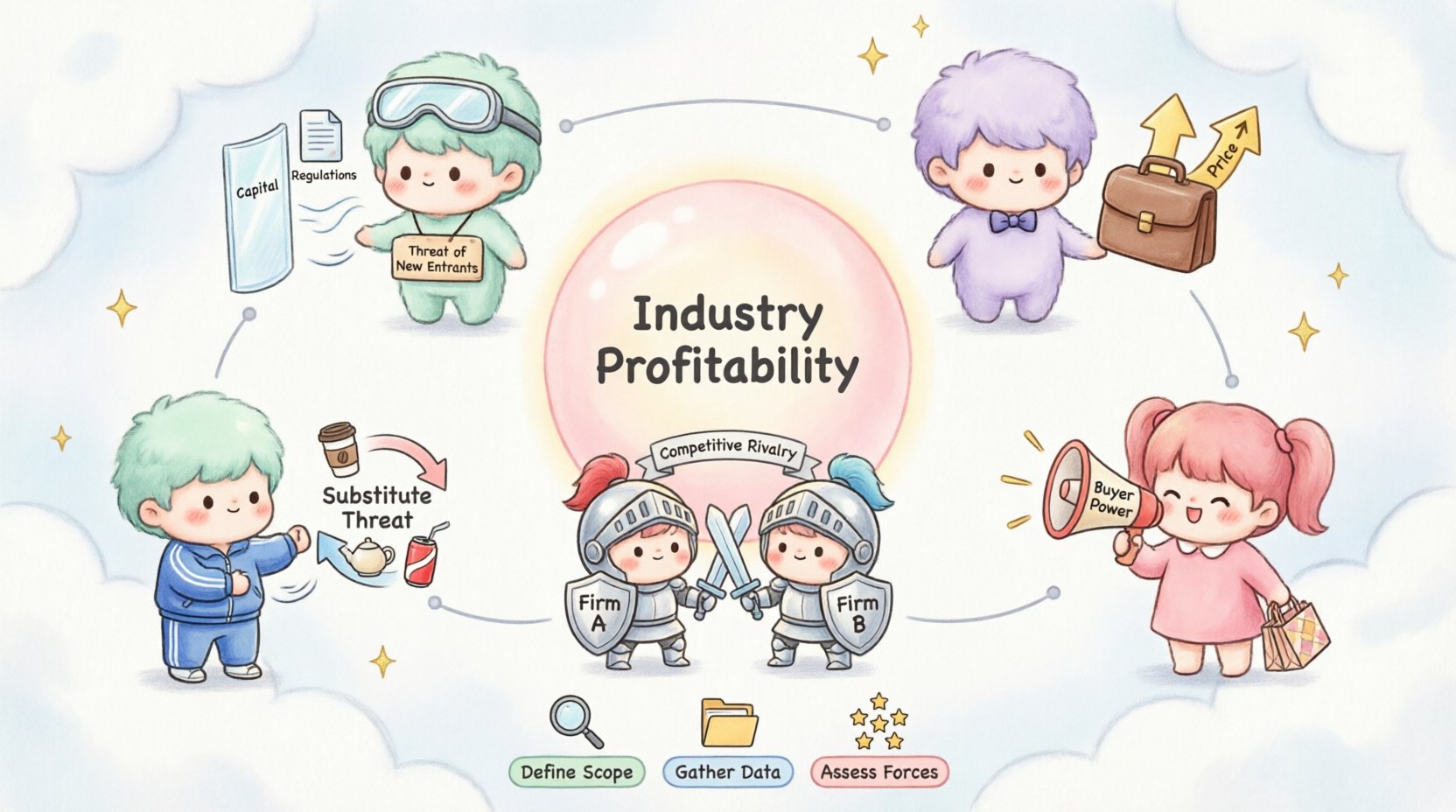 Adorable kawaii-style infographic illustrating Porter's Five Forces Analysis framework for business strategy: featuring cute chibi characters representing threat of new entrants, supplier bargaining power, buyer bargaining power, substitute product threats, and competitive rivalry arranged around a central industry profitability icon, with pastel colors, clear English labels, and a simplified 3-step analysis process for beginners in strategic management