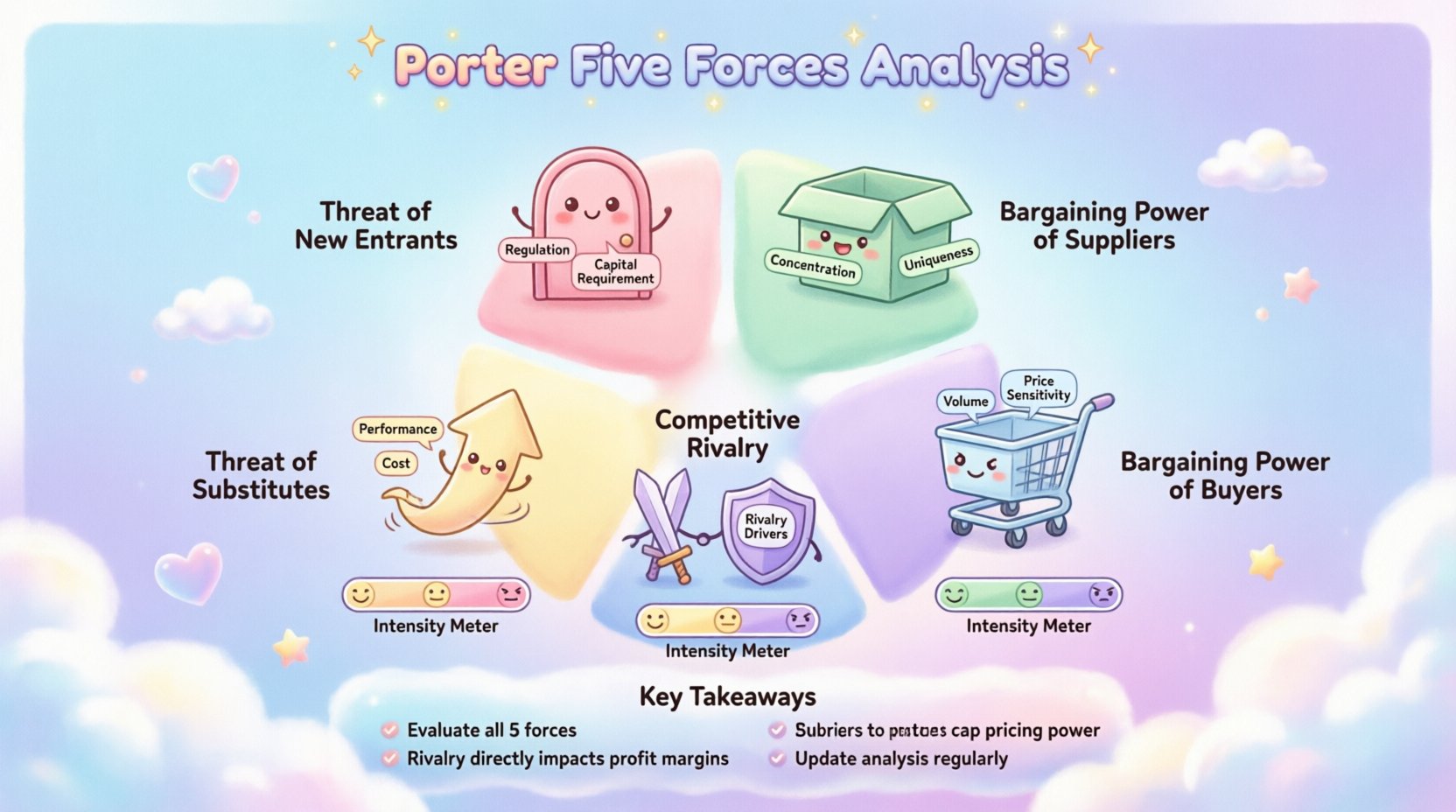 Kawaii-style infographic illustrating Porter's Five Forces Analysis for business strategy: cute pastel icons represent threat of new entrants, supplier power, buyer power, substitute products, and competitive rivalry with intensity indicators and key takeaways for competitive market evaluation