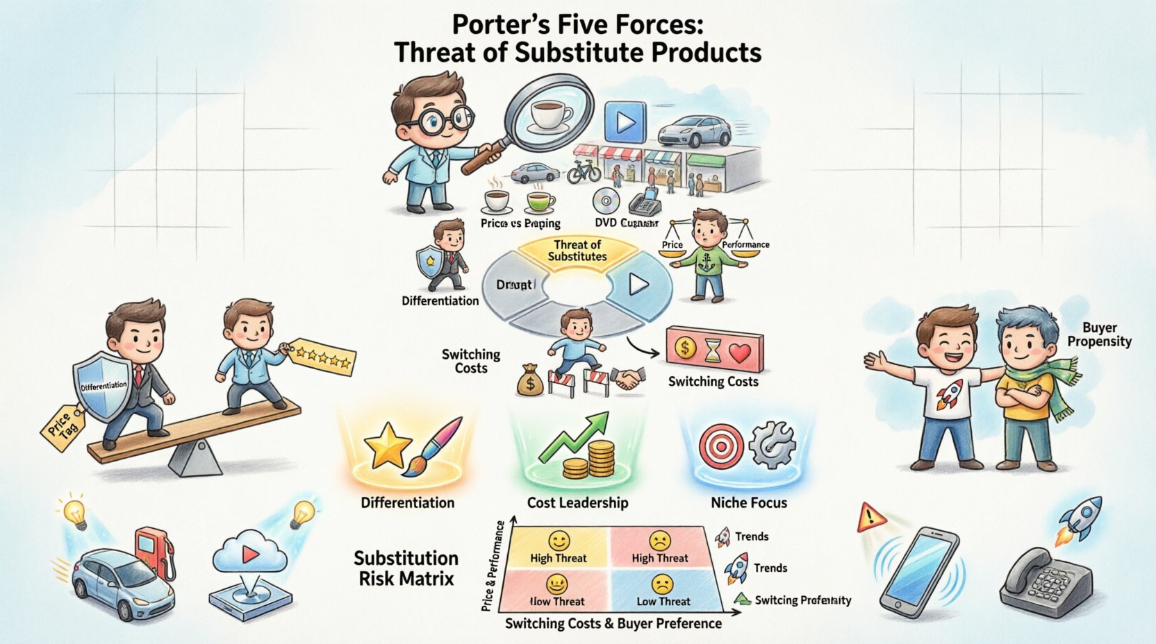 Chibi-style infographic illustrating Porter's Five Forces Analysis with focus on threat of substitute products, showing key drivers like price-performance ratio, switching costs, buyer propensity, strategic responses including differentiation and cost leadership, substitution risk matrix, and industry examples in a cute, accessible visual format for business strategy planning