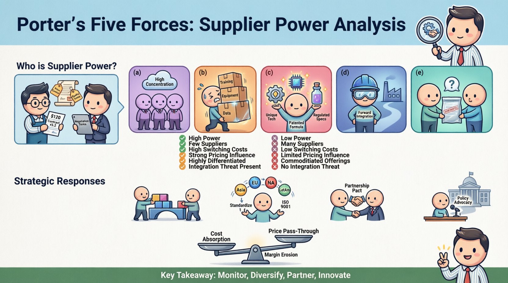 Chibi-style infographic explaining Porter's Five Forces Supplier Power analysis: visualizes the 5 key drivers (supplier concentration, switching costs, input differentiation, forward integration threat, information asymmetry), compares high vs low supplier power environments, illustrates strategic responses (vertical integration, supplier diversification, standardization, partnerships, lobbying), and shows economic impacts on pricing and margins, designed for strategic management and business education