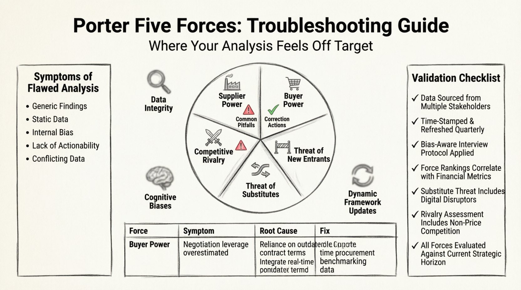 Porter's Five Forces Analysis Troubleshooting Infographic in line art style: visual guide showing five competitive forces (Supplier Power, Buyer Power, Threat of New Entrants, Threat of Substitutes, Competitive Rivalry) with common pitfalls, warning symptoms, and correction actions for strategic planning validation, including data integrity checks, cognitive bias awareness, and dynamic framework updates for accurate market analysis