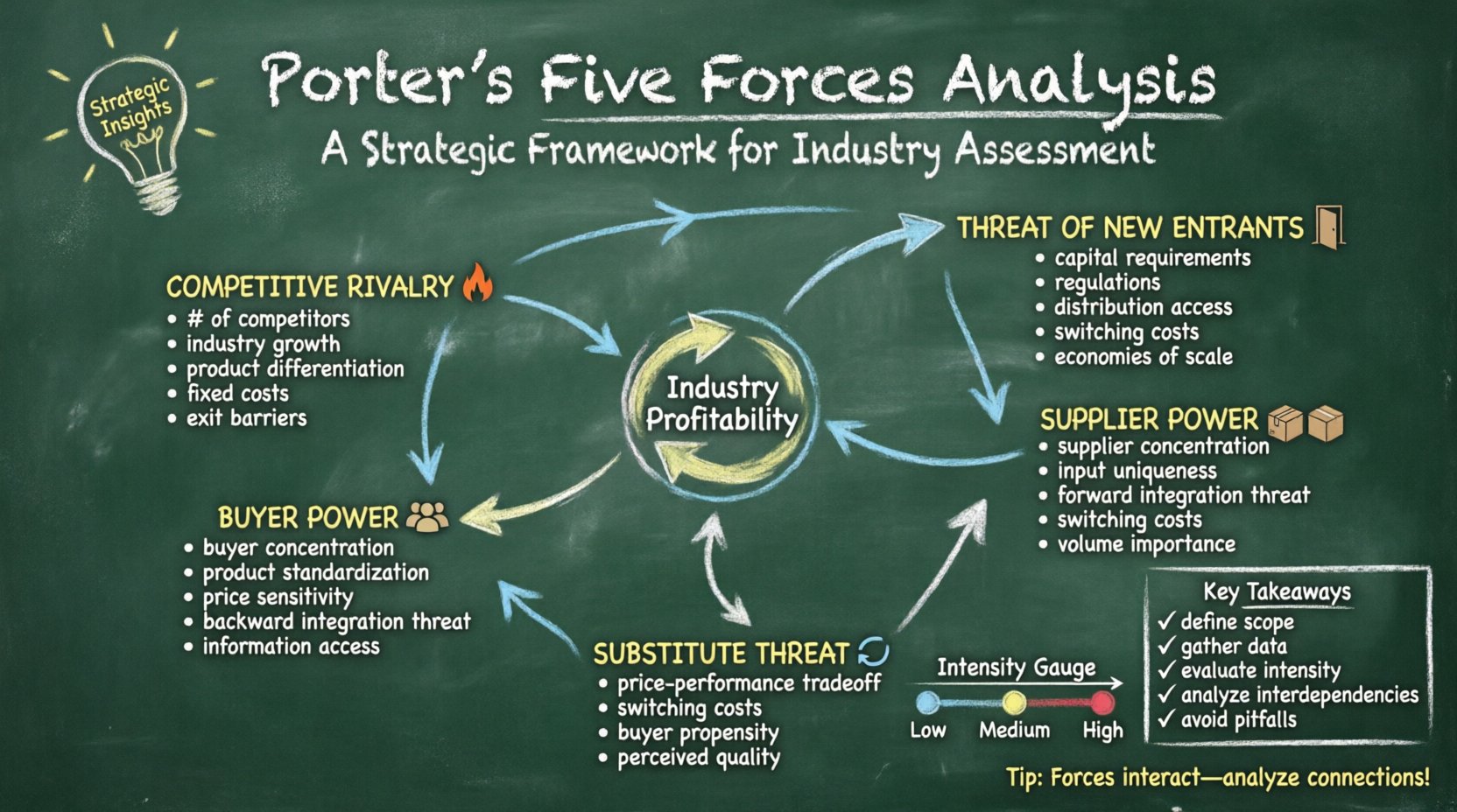 Chalkboard-style educational infographic illustrating Porter's Five Forces framework for business strategy analysis, featuring hand-written style sections on Competitive Rivalry, Threat of New Entrants, Supplier Power, Buyer Power, and Substitute Threat with key evaluation factors, intensity indicators, and strategic tips for academic assignments