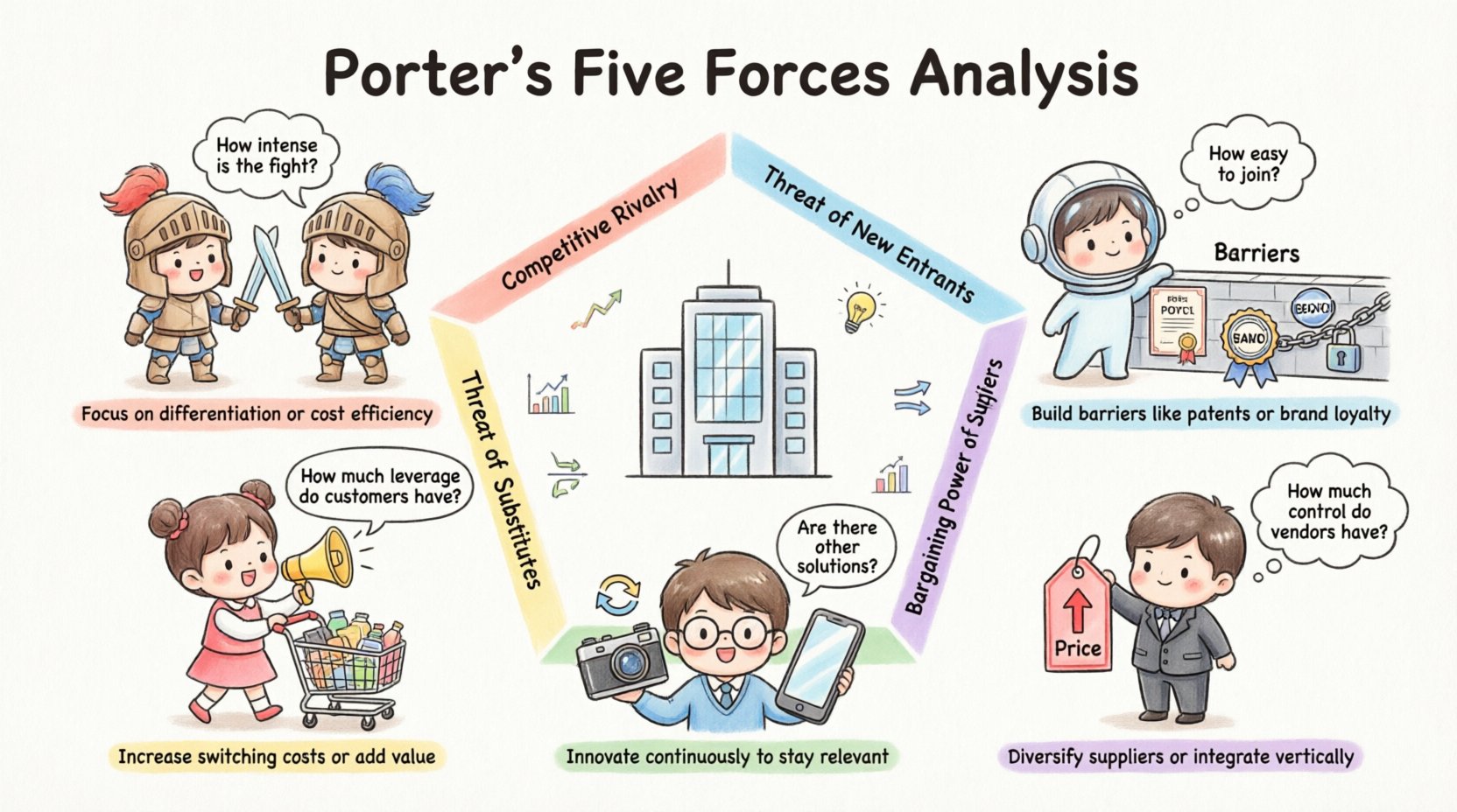 Chibi-style educational infographic illustrating Porter's Five Forces Analysis for business strategy students: Competitive Rivalry with cute knights, Threat of New Entrants with rocket character, Supplier Power with briefcase vendor, Buyer Power with shopping cart customer, and Substitute Threat with product alternatives - each force includes key strategic questions and actionable implications in a colorful pentagon layout