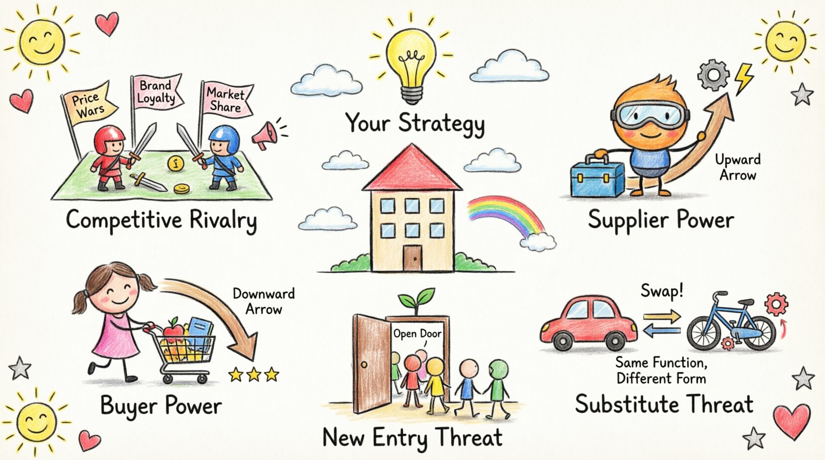 Child's drawing style infographic explaining Porter's Five Forces business analysis framework: competitive rivalry among firms, bargaining power of suppliers, bargaining power of buyers, threat of substitute products, and threat of new market entry, with playful crayon illustrations, bright colors, and simple labels to help visualize strategic business planning concepts