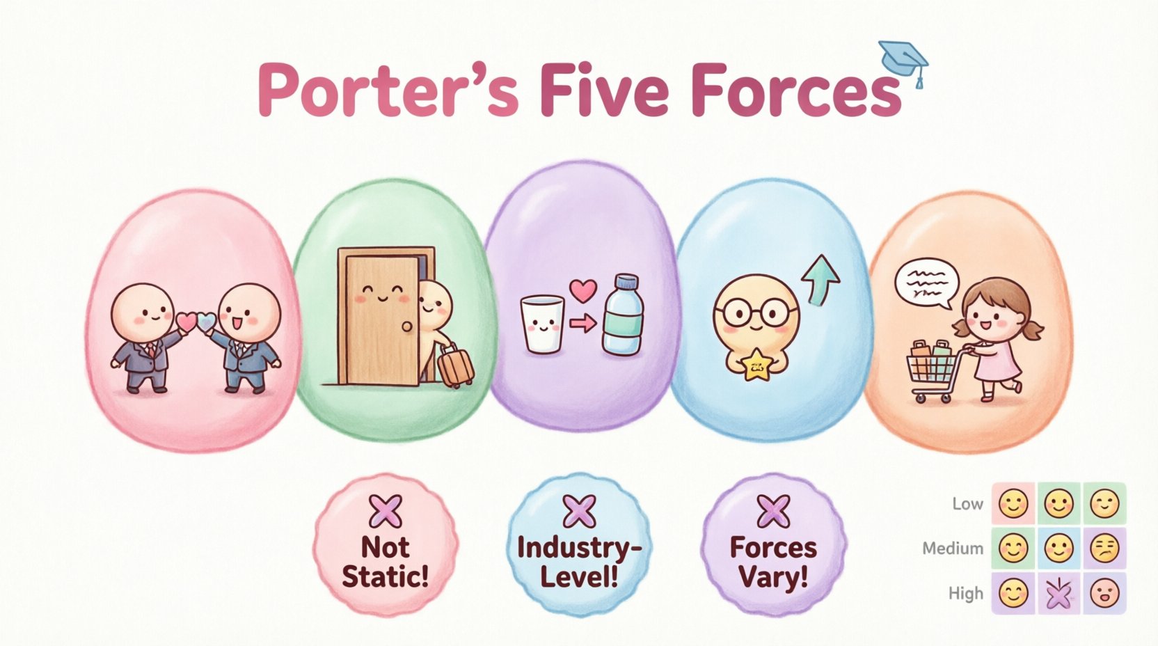 Cute kawaii-style vector infographic explaining Porter's Five Forces Analysis for business strategy students, featuring pastel-colored icons for rivalry among competitors, threat of new entrants, threat of substitutes, supplier bargaining power, and buyer bargaining power, with myth-busting tips and industry attractiveness guide