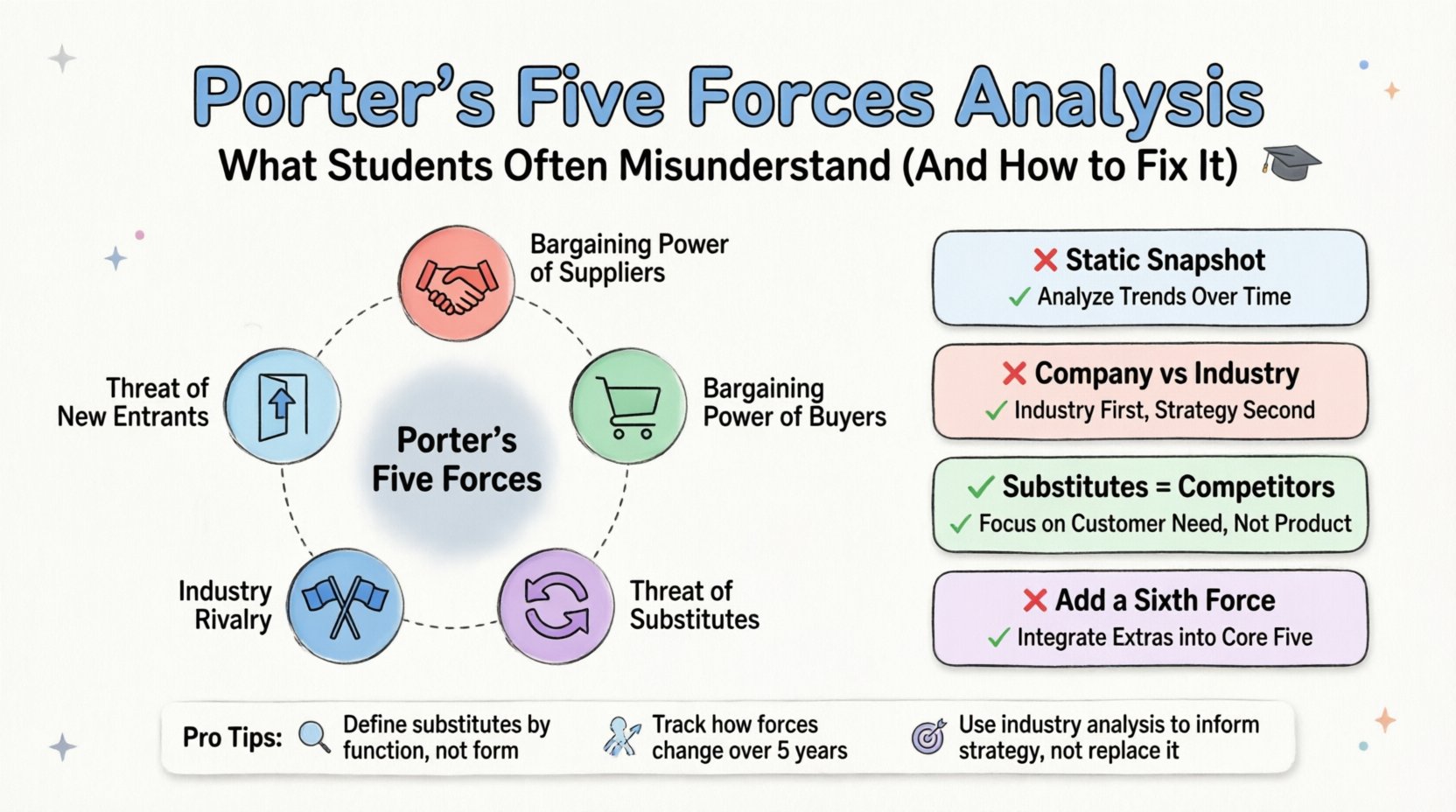 Educational infographic explaining Porter's Five Forces Analysis for business students, featuring the five competitive forces (threat of new entrants, supplier power, buyer power, threat of substitutes, industry rivalry) with four common student misconceptions and practical fixes, designed with clean flat illustration style, pastel accent colors, black outlines, and rounded icons for easy social media sharing and classroom use