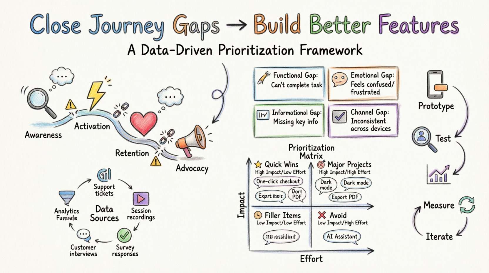 Marker-style infographic illustrating how to prioritize product features based on customer journey gaps. Shows a winding journey map with four stages (Awareness, Activation, Retention, Advocacy), four gap types (Functional, Emotional, Informational, Channel) with icons, a 2x2 Impact vs Effort prioritization matrix with sample features, data sources for gap analysis (analytics, support tickets, session recordings, interviews, surveys), and a validation loop (Prototype → Test → Measure → Iterate). Hand-drawn aesthetic with vibrant marker colors on white background, designed to help product teams align feature development with user needs.