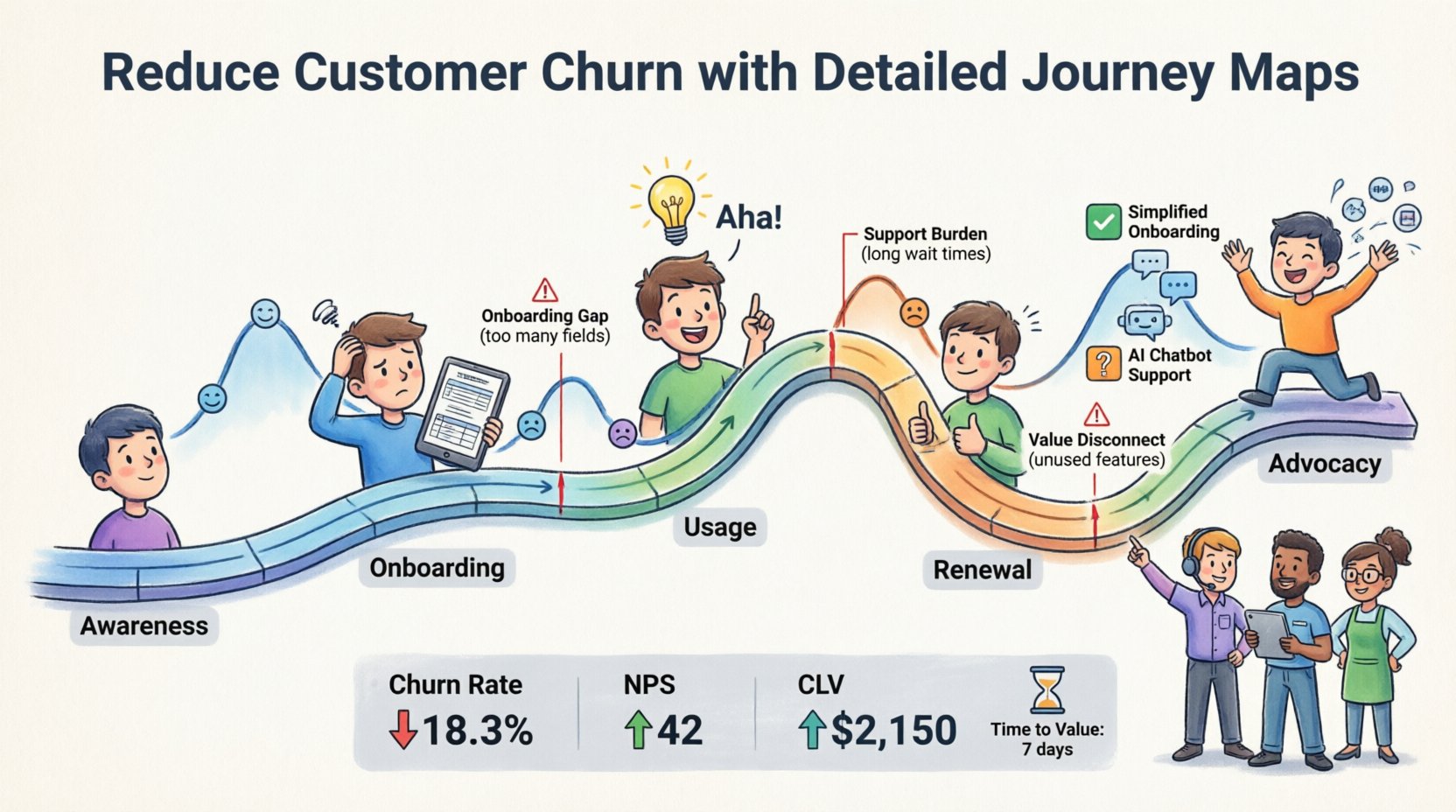 Cartoon infographic illustrating how to reduce customer churn using detailed journey maps, featuring a colorful customer lifecycle path with phases Awareness, Onboarding, Usage, Renewal, and Advocacy, an emotional curve overlay showing customer sentiment, highlighted friction points with practical solutions, and key retention metrics including churn rate, NPS, and customer lifetime value