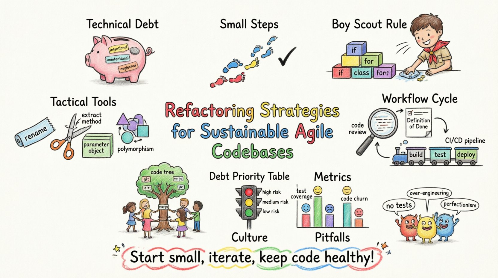 Child's drawing style infographic summarizing refactoring strategies for sustainable agile codebases: technical debt types, Boy Scout Rule, small-step refactoring, tactical techniques (rename, extract method, polymorphism), workflow integration (code reviews, CI/CD), debt prioritization matrix, team culture practices, quality metrics, and common pitfalls to avoid—all illustrated with playful crayon drawings, bright colors, and simple icons on a 16:9 canvas