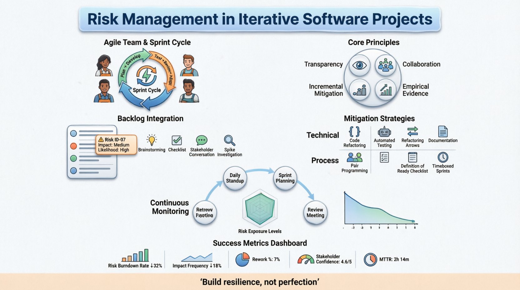 Cartoon infographic summarizing risk management in iterative software projects: shows agile sprint cycles, core principles (transparency, collaboration, incremental mitigation, empirical evidence), backlog risk integration, technical and process mitigation strategies, continuous monitoring through agile ceremonies, visual risk tracking tools, and success metrics like risk burndown rate and incident frequency