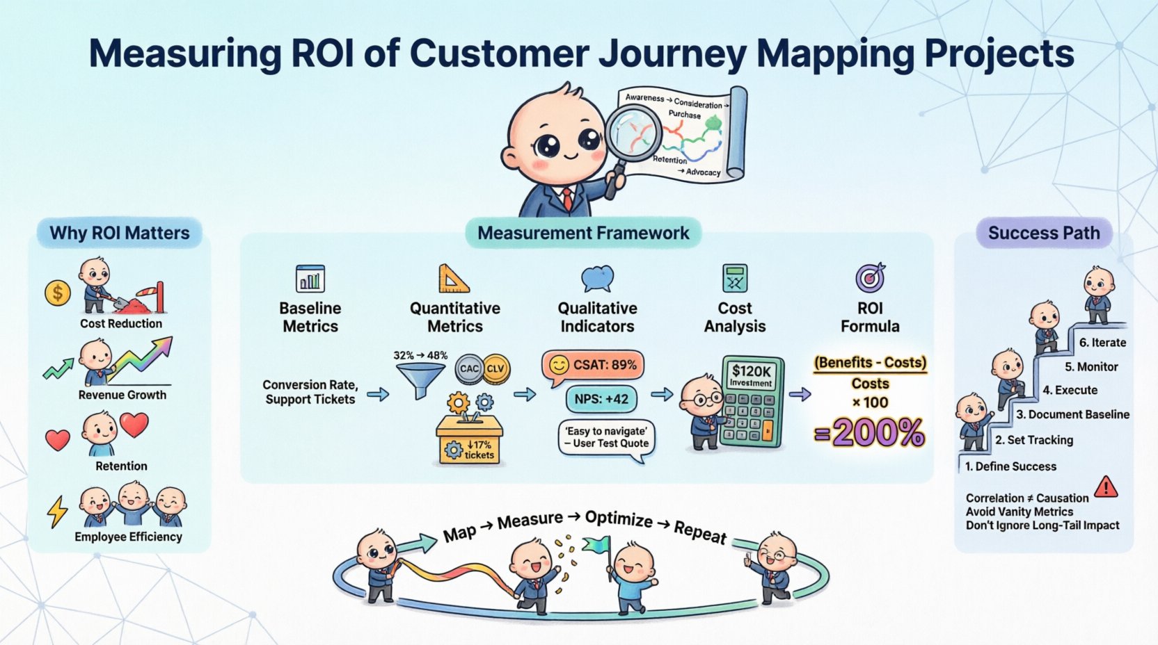 Chibi-style infographic illustrating how to measure ROI of customer journey mapping projects: features ROI formula (Benefits-Costs)/Costs×100, key metrics including conversion rate optimization, CAC, CLV, support ticket volume, CSAT, and NPS, baseline establishment steps, cost analysis breakdown, implementation checklist, common pitfalls to avoid, and continuous improvement cycle with cute cartoon characters, professional blue-teal color scheme, 16:9 layout for business presentations