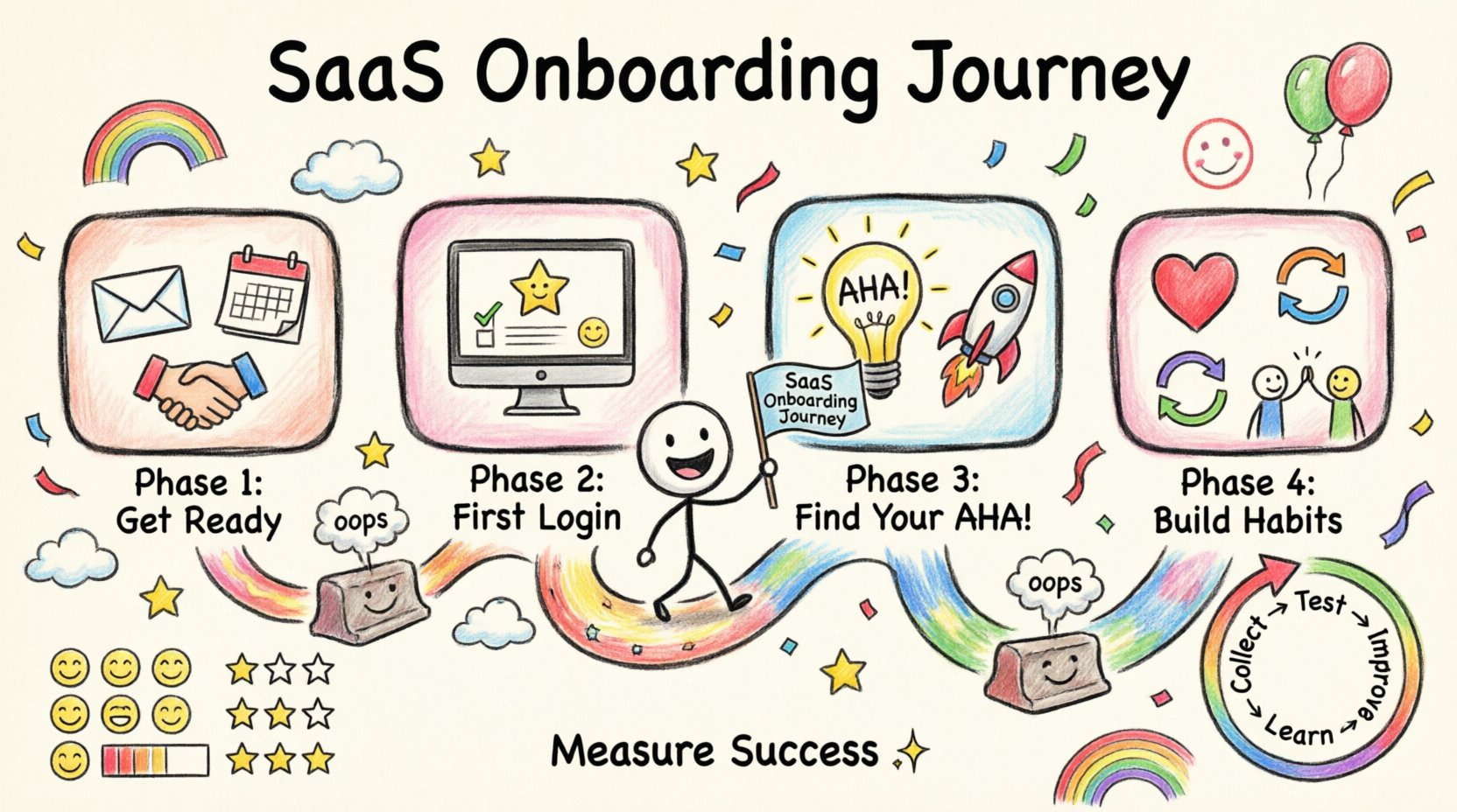 A playful child's drawing style infographic illustrating the four-phase SaaS onboarding journey for retention: pre-onboarding expectations with email and checklist icons, first login experience with welcome screen and progress indicators, time-to-value acceleration featuring a lightbulb 'aha' moment and rocket, and habit formation with hearts and engagement loops, all connected by a colorful hand-drawn path with a cheerful cartoon user character, bright crayon colors, and simple English labels guiding from sign-up to long-term customer success
