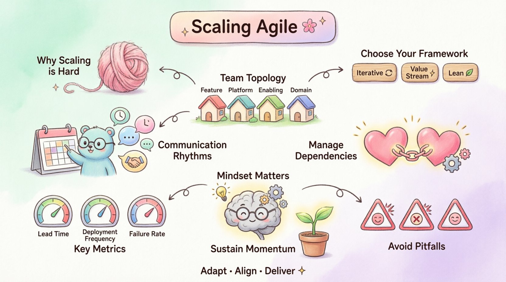 Kawaii-style infographic summarizing strategies for scaling Agile in growing engineering organizations: features cute chibi engineers and icons illustrating framework selection (Iterative, Value Stream, Lean), team topology (Feature/Platform/Enabling teams), communication rhythms, dependency management techniques, key DORA metrics (Lead Time, Deployment Frequency, Failure Rate), mindset principles (psychological safety, continuous learning), common pitfalls to avoid, and sustainability practices—all in soft pastel colors with playful doodle arrows and sparkles for a friendly, accessible tech education visual