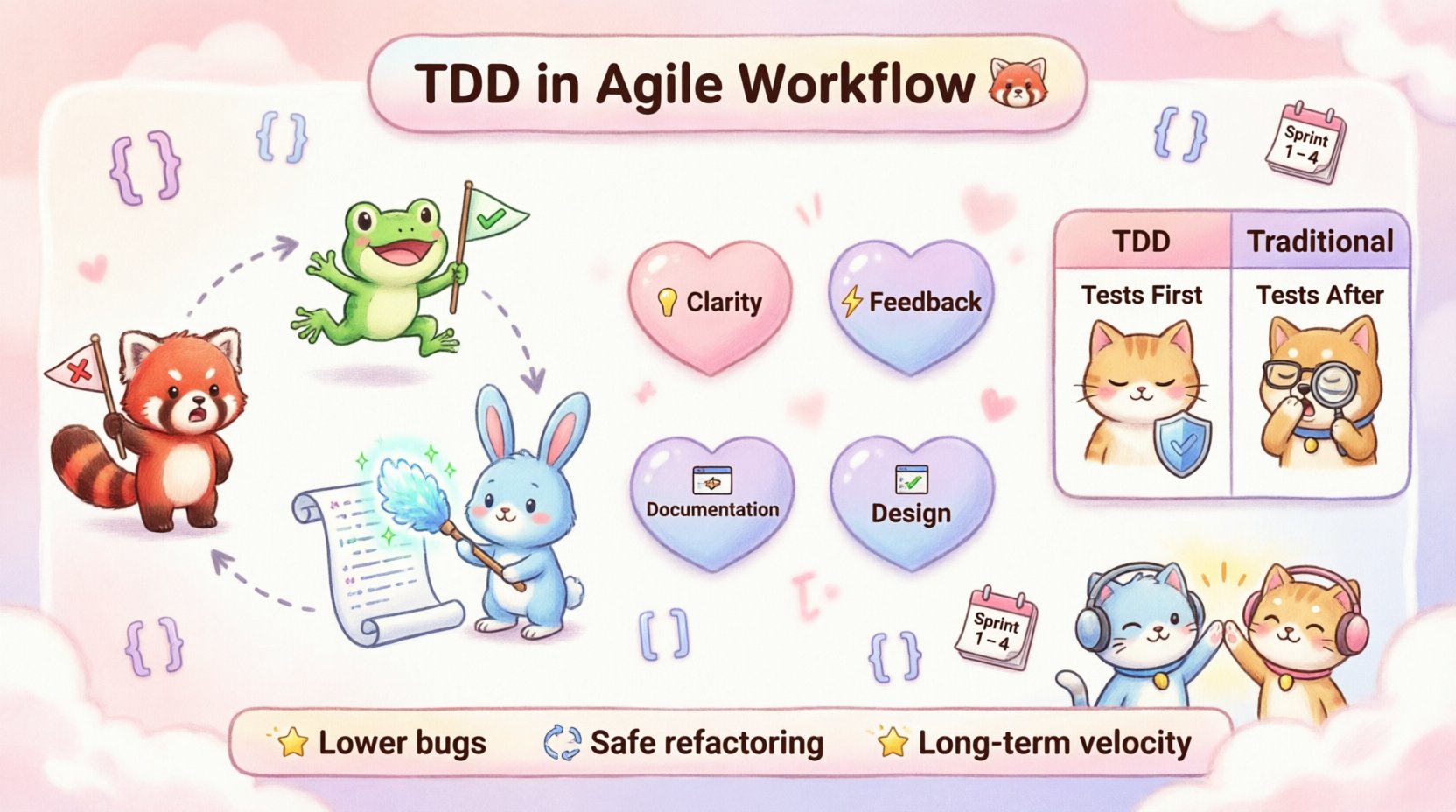 Kawaii style infographic summarizing Test-Driven Development in Agile Workflow: features the Red-Green-Refactor cycle with cute characters, core TDD benefits (clarity, feedback, documentation, design), Agile sprint integration tips, TDD vs traditional development comparison, and key success metrics like reduced defects and sustainable velocity, all in pastel colors with friendly rounded design