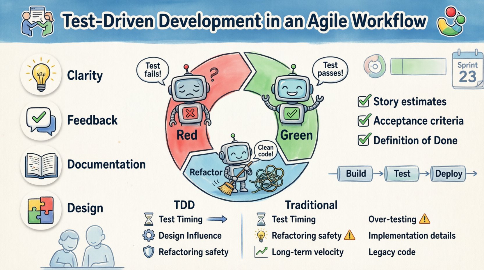 Cartoon-style infographic summarizing Test-Driven Development in Agile workflow, featuring the Red-Green-Refactor cycle loop, key benefits (clarity, feedback, documentation, design), sprint planning integration tips, TDD vs traditional development comparison, and best practices for pair programming, CI/CD, and managing technical debt