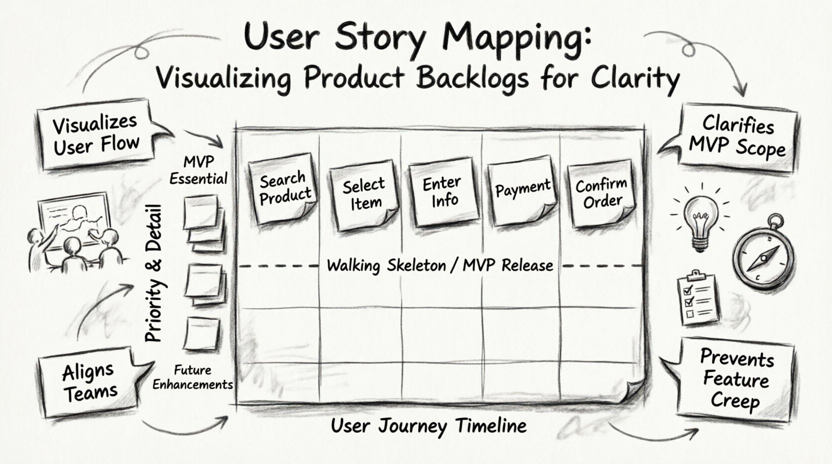 Charcoal sketch infographic illustrating User Story Mapping framework with horizontal user journey axis showing backbone activities, vertical priority layers with user stories, MVP slice line defining walking skeleton, and key benefits for Agile product backlog visualization and team alignment