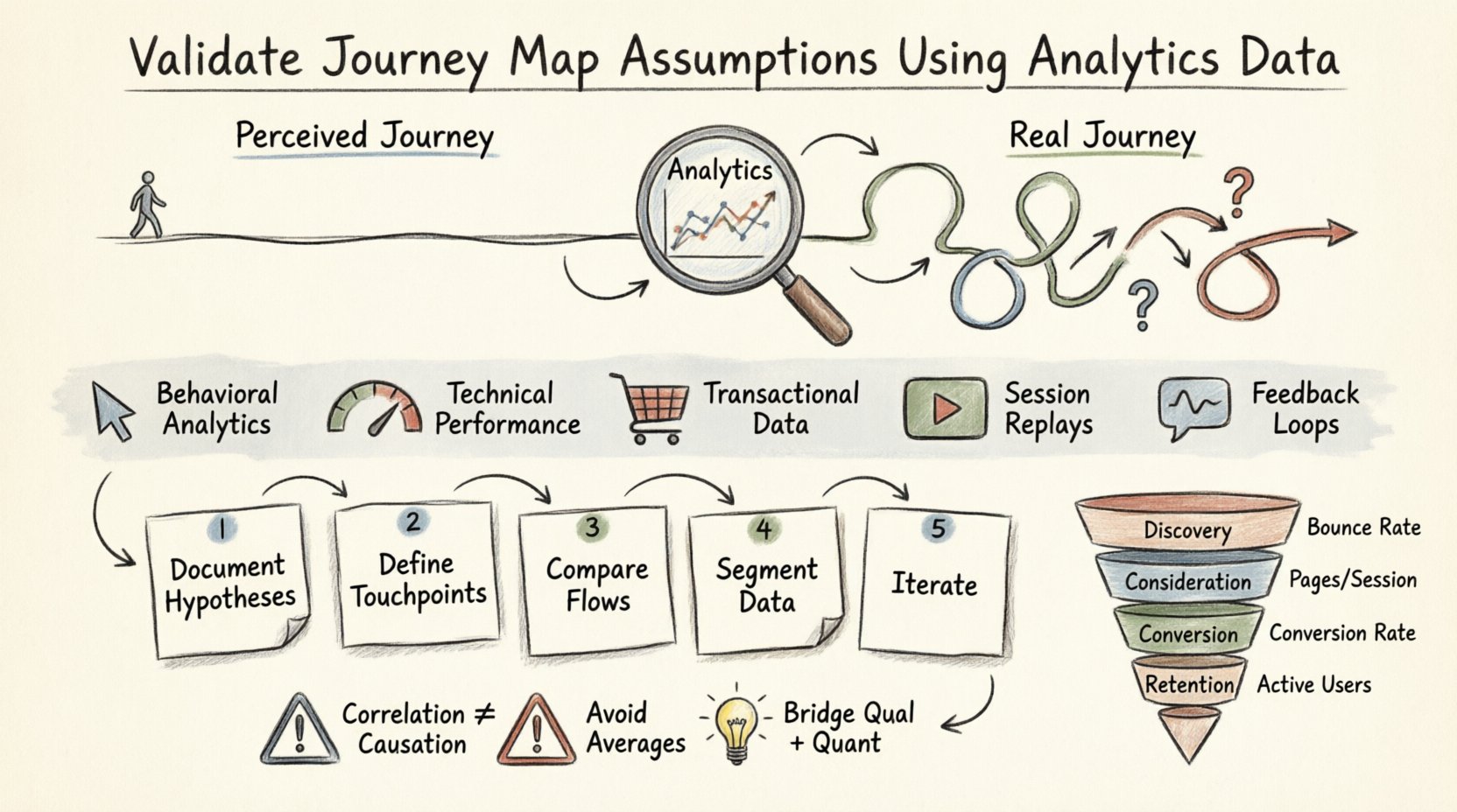 Hand-drawn infographic titled 'Validate Journey Map Assumptions Using Analytics Data' showing the gap between perceived linear customer journeys and actual non-linear user behavior. Features five key data sources for validation (Behavioral Analytics, Technical Performance, Transactional Data, Session Replays, Feedback Loops), a 5-step validation framework (Document Hypotheses, Define Touchpoints, Compare Flows, Segment Data, Iterate), a 4-stage funnel with key metrics (Discovery: Bounce Rate, Consideration: Pages per Session, Conversion: Funnel Rate, Retention: Active Users), and common interpretation pitfalls to avoid. Visual style uses sketchy pencil illustrations, warm muted colors, hand-lettered text, and doodle arrows on a textured paper background to intuitively convey how analytics transform journey maps from decorative artifacts into strategic, evidence-based tools.