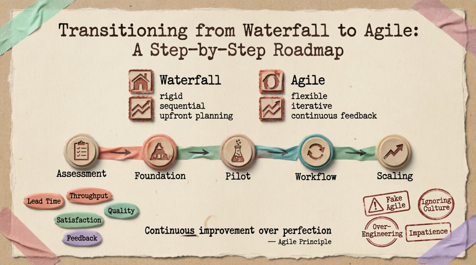 Stamp and washi tape style infographic showing a 5-phase roadmap for transitioning from Waterfall to Agile project management: Assessment, Foundation, Pilot Projects, Workflow Implementation, and Scaling, with comparison table of methodologies, key metrics, and common pitfalls to avoid