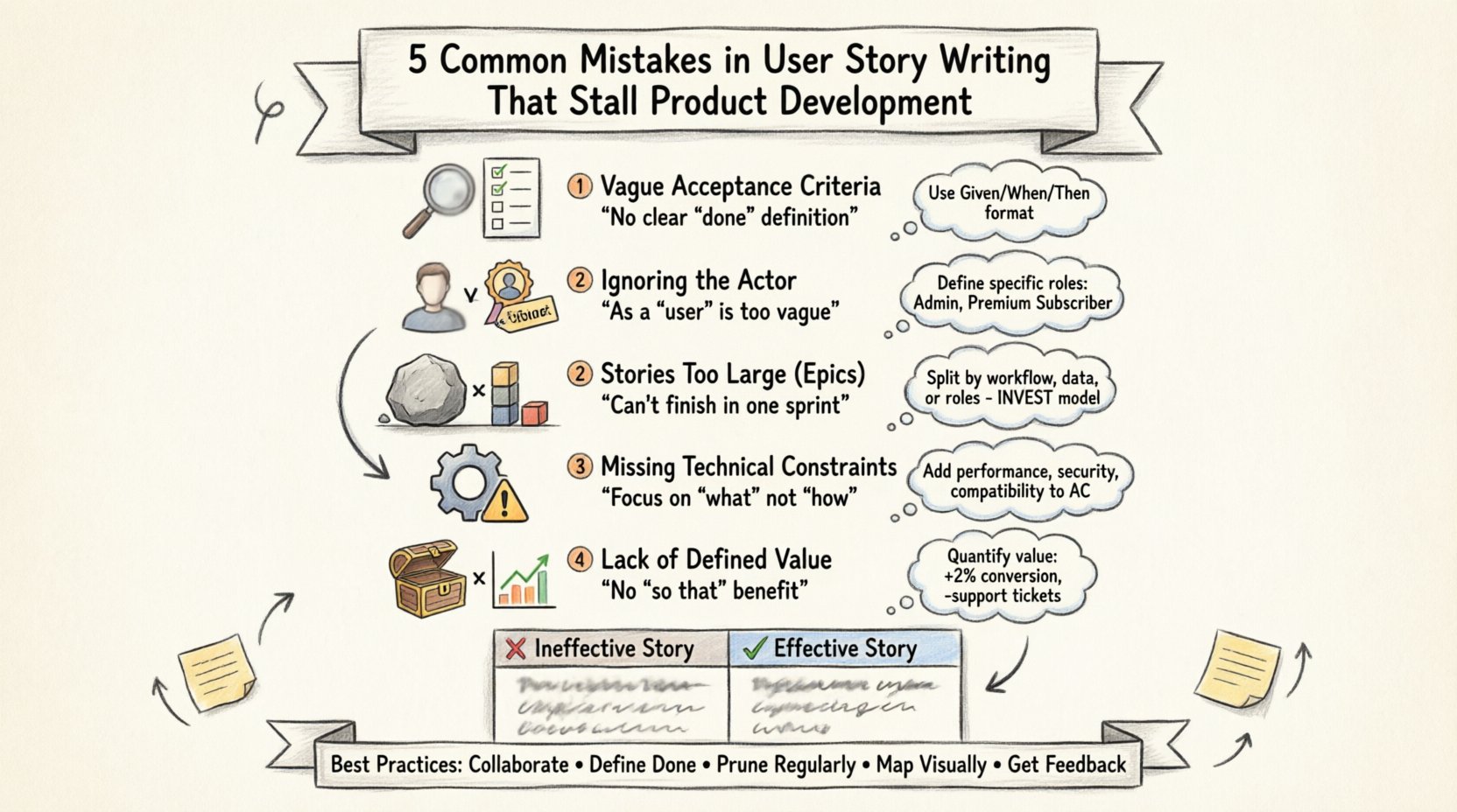Hand-drawn infographic illustrating 5 common user story writing mistakes that stall product development: vague acceptance criteria, ignoring the actor, oversized epic stories, missing technical constraints, and lack of defined value - each with problem summary and corrective fix tips for agile teams