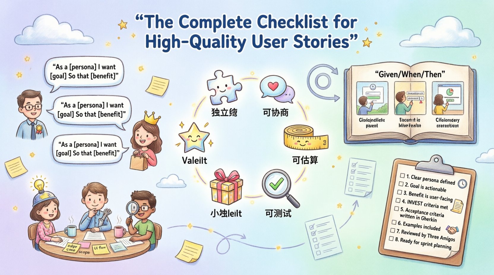 Whimsical infographic illustrating the complete checklist for writing high-quality user stories in Agile teams, featuring the INVEST model criteria, acceptance criteria with Gherkin syntax, Three Amigos collaboration framework, and pre-flight readiness checklist, designed with playful hand-drawn characters and pastel colors for educational purposes