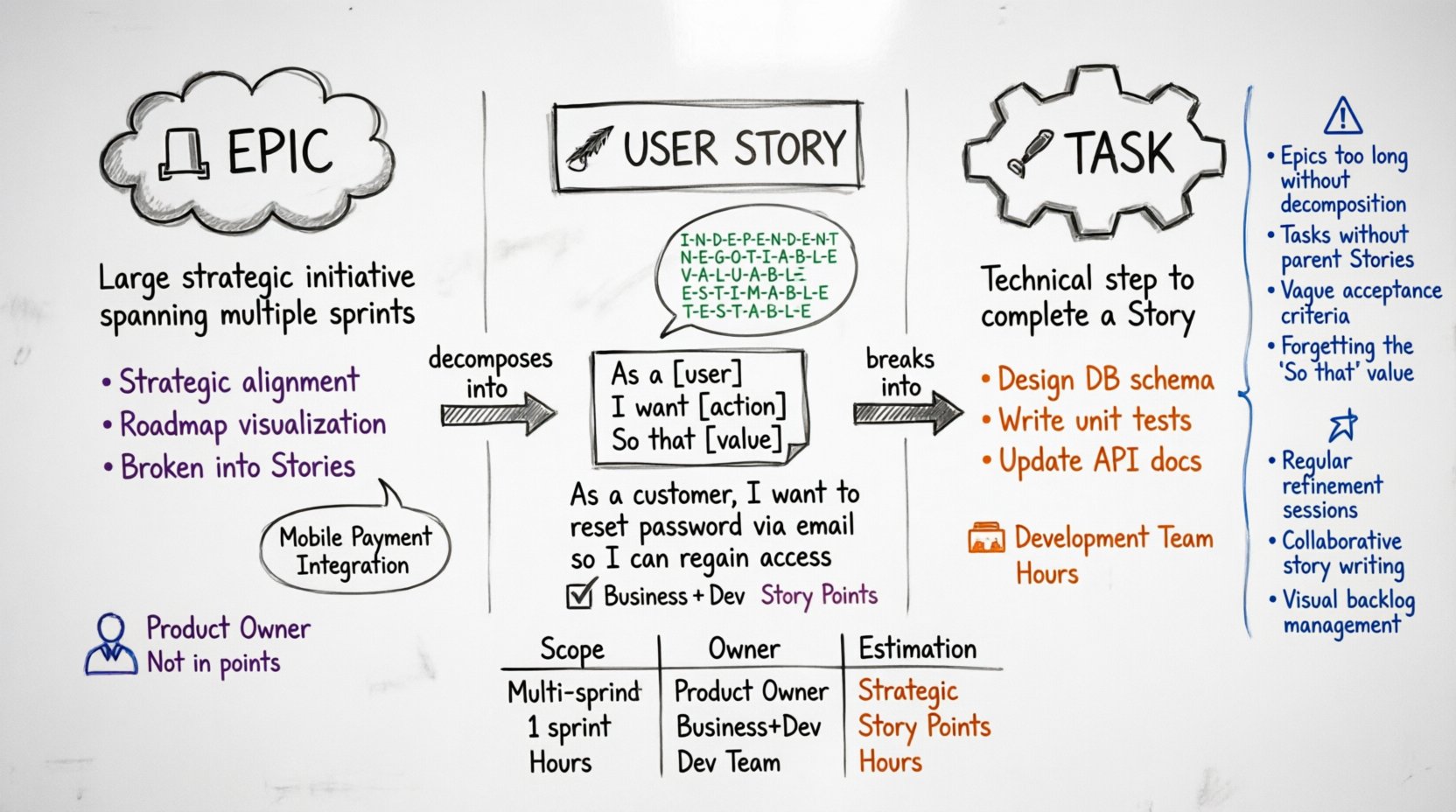 Hand-drawn whiteboard infographic comparing Agile work items: Epics (large strategic initiatives in purple), User Stories (user-focused features with INVEST criteria in green), and Tasks (technical implementation steps in orange), showing their hierarchy, key characteristics, ownership, estimation methods, and best practices for agile project management