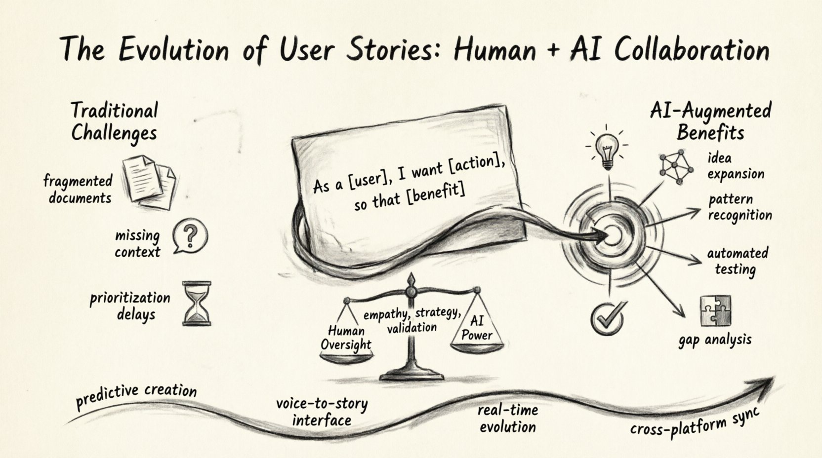 Charcoal contour sketch infographic showing the evolution of user stories with AI: traditional format challenges on the left, AI-augmented benefits including idea expansion and automated testing on the right, central human-AI collaboration balance, and future predictions timeline for modern product teams