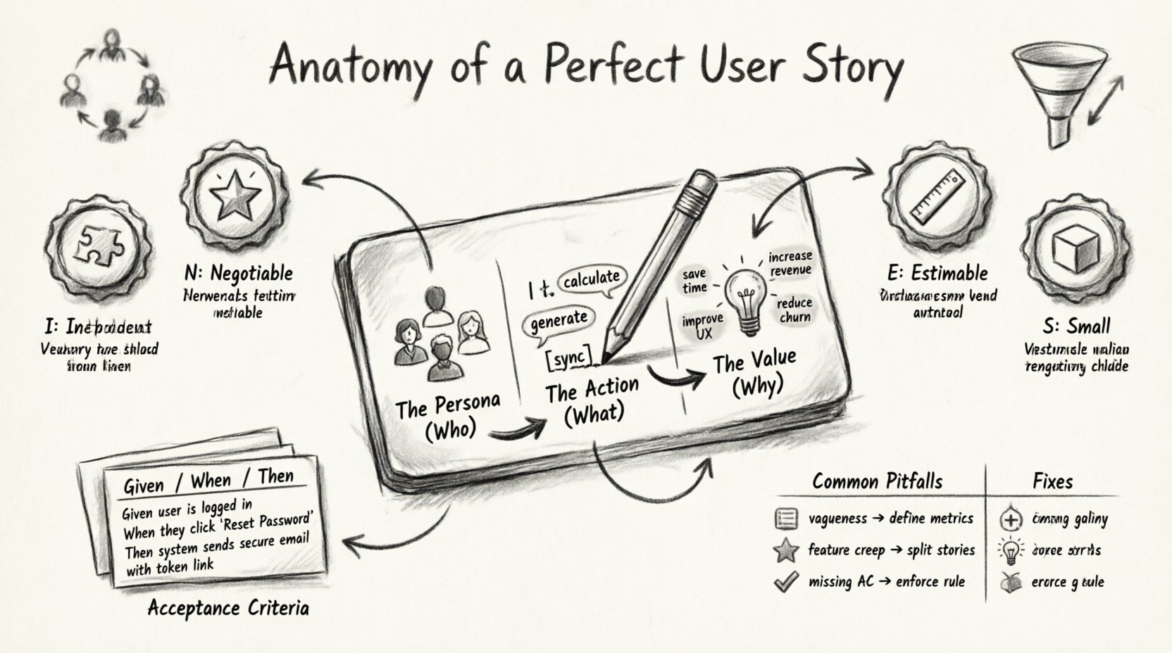 Charcoal contour sketch infographic illustrating the anatomy of a perfect user story for product managers: central diagram shows the three-part template (As a [persona], I want to [action], So that [value]), surrounded by INVEST criteria badges (Independent, Negotiable, Valuable, Estimable, Small, Testable), acceptance criteria Given/When/Then examples, common pitfalls with fixes, and collaboration workflow elements, all rendered in artistic monochrome sketch style with hand-lettered typography for Agile product development teams