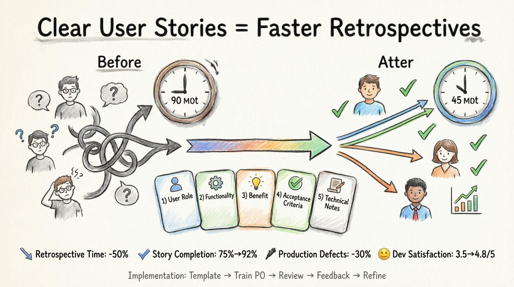Marker-style infographic illustrating how implementing a standardized 5-part user story format (User Role, Functionality, Benefit, Acceptance Criteria, Technical Notes) reduced agile development team retrospective time by 50% (90 to 45 minutes), increased story completion rate from 75% to 92%, decreased production defects by 30%, and improved developer satisfaction from 3.5 to 4.8 out of 5, with visual before/after workflow comparison and 5-step implementation guide: Define Template, Train Product Owner, Review Before Sprint, Feedback Loop, Refine Over Time