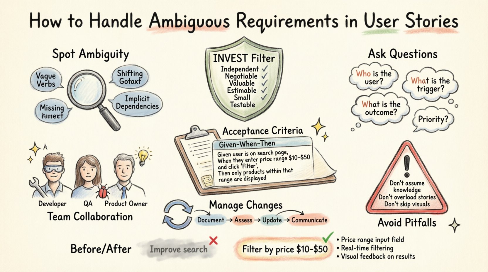 Hand-drawn infographic illustrating a step-by-step framework for handling ambiguous requirements when writing user stories: identifying ambiguity types (vague verbs, missing context, shifting goals, implicit dependencies), applying the INVEST criteria filter (Independent, Negotiable, Valuable, Estimable, Small, Testable), asking clarifying stakeholder questions, defining Given-When-Then acceptance criteria with examples, collaborating across developer/QA/product owner roles, avoiding common pitfalls, managing requirement changes through documentation and communication, and transforming an ambiguous 'improve search' story into a clear 'filter by price range' user story with measurable acceptance criteria.