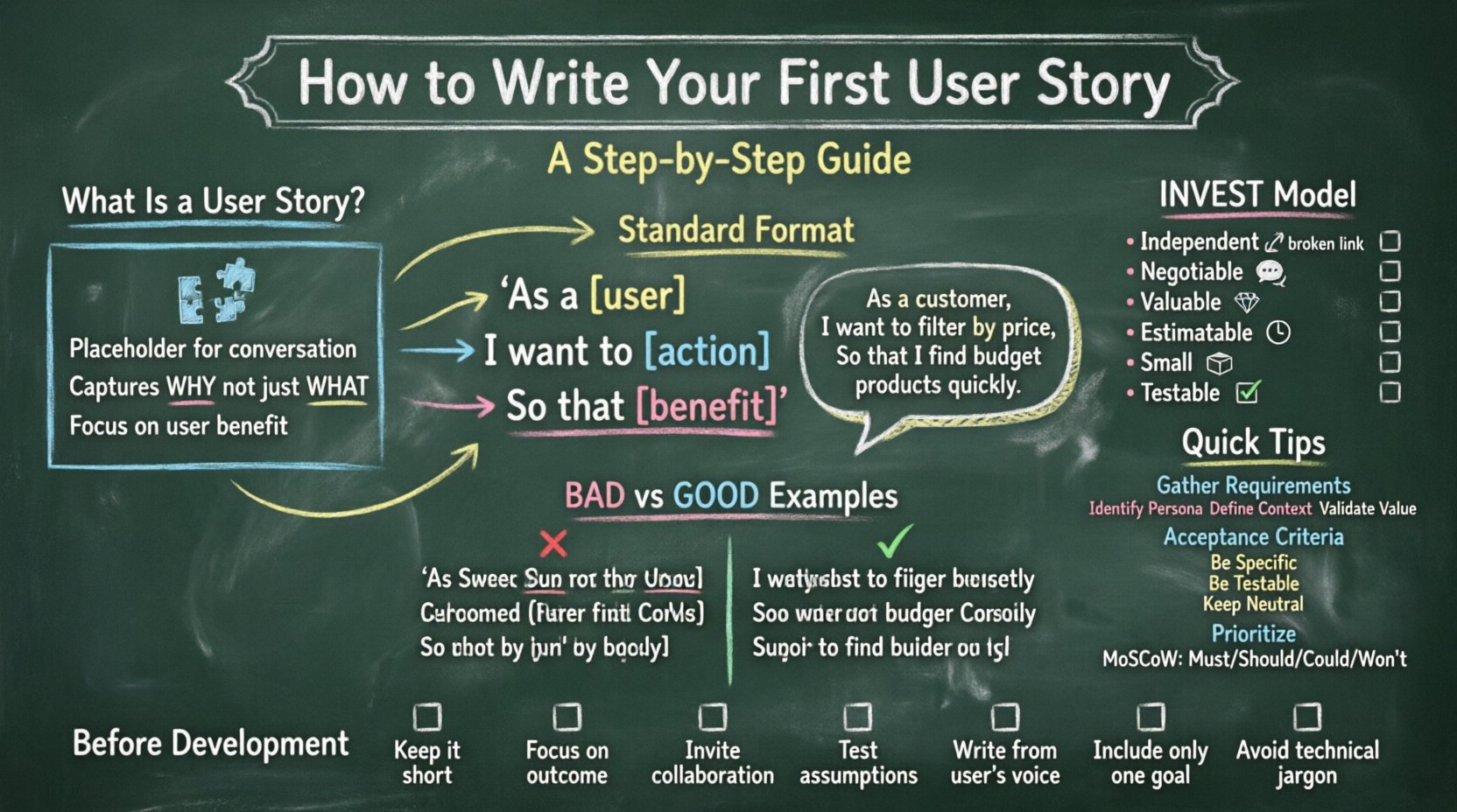 Chalkboard-style infographic guide for new product managers on writing effective user stories, featuring the standard 'As a/I want to/So that' template, INVEST model checklist, requirements gathering steps, acceptance criteria guidelines, prioritization strategies like MoSCoW, common mistakes to avoid, and a pre-development checklist—all presented in a hand-written teacher-style visual format