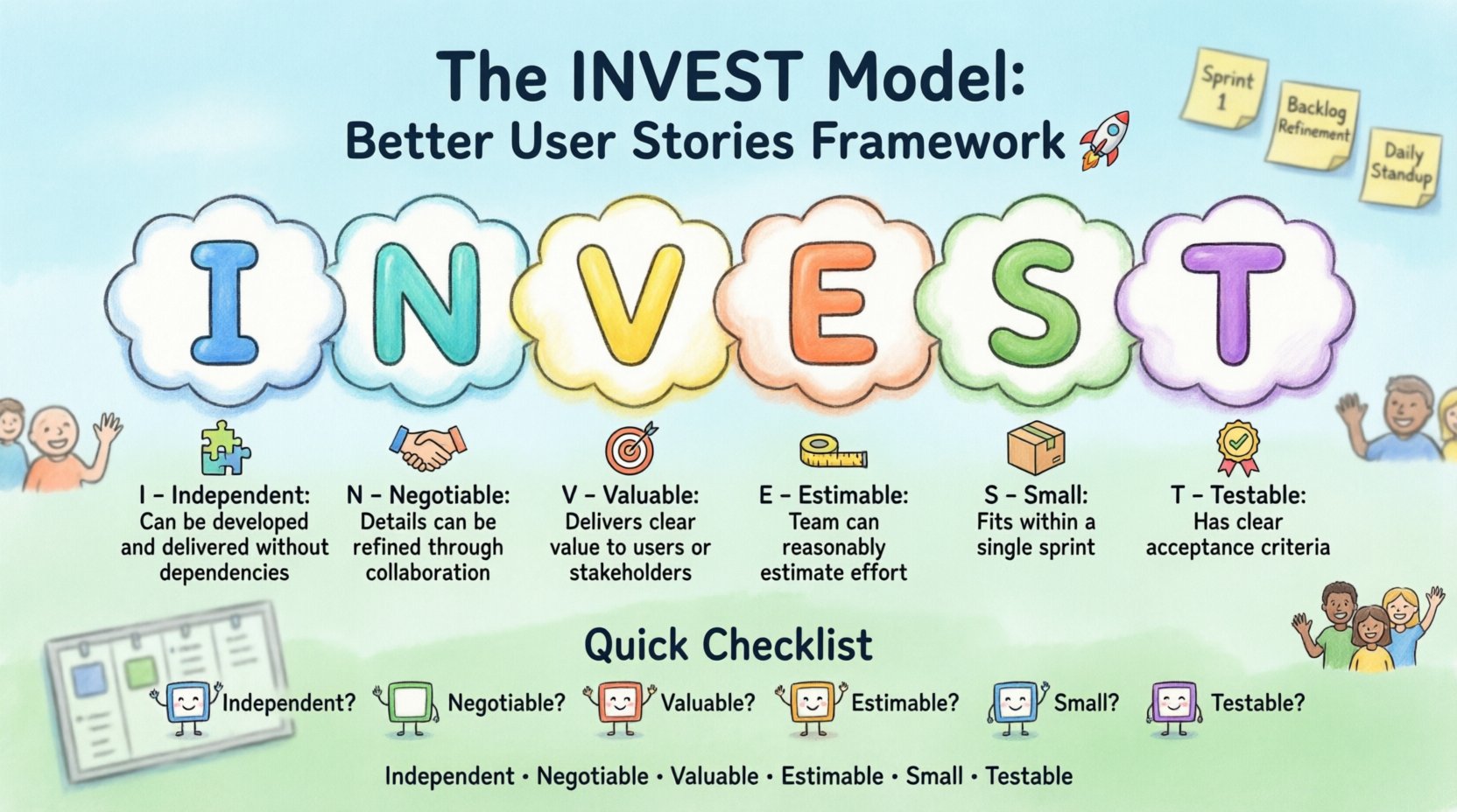 Cartoon infographic explaining the INVEST model for Agile user stories: Independent, Negotiable, Valuable, Estimable, Small, and Testable criteria with icons and quick checklist for software development teams