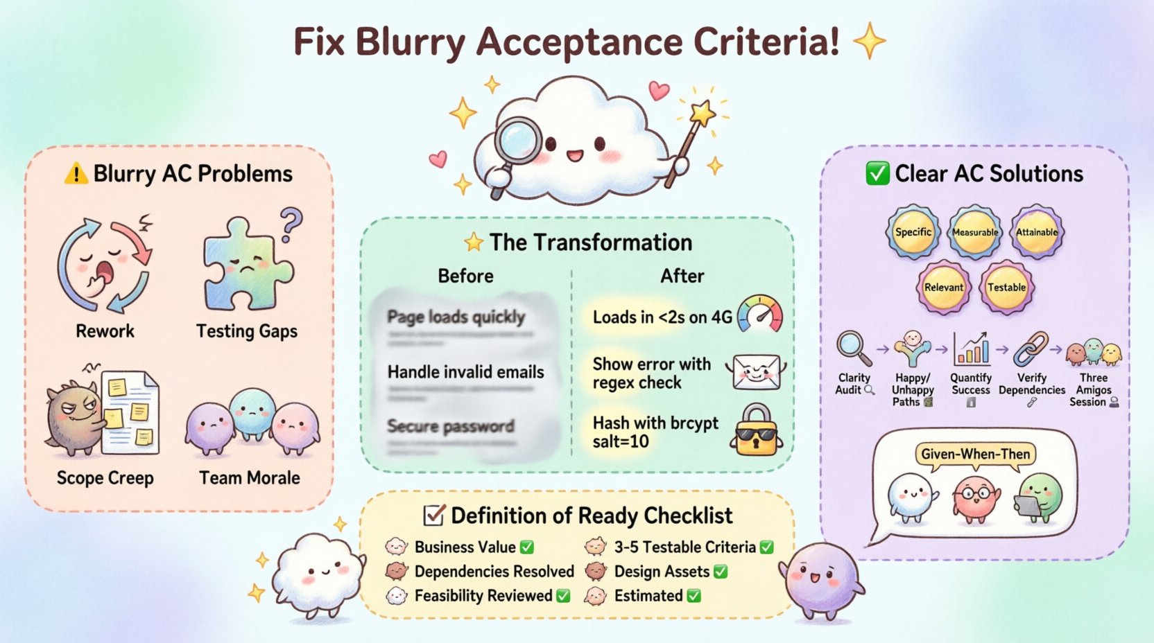 Kawaii-style infographic illustrating how to troubleshoot and fix blurry acceptance criteria in agile user stories, featuring cute pastel-colored characters showing common problems like rework and testing gaps on the left, SMART criteria badges, a five-step refinement process flow, Three Amigos collaboration session, before-and-after examples of vague vs. specific criteria, and a Definition of Ready checklist on the right, all designed in soft mint, pink, and lavender tones with sparkles and rounded elements for visual appeal