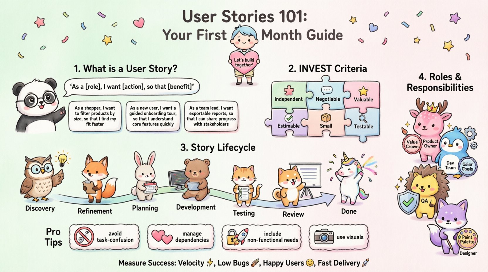 Kawaii-style infographic explaining user stories for product development beginners: covers the standard format 'As a [role], I want [action], so that [benefit]', INVEST criteria checklist, 7-stage story lifecycle flowchart, team roles and responsibilities, common pitfalls to avoid, and success metrics - all illustrated with cute characters and pastel colors for engaging learning.