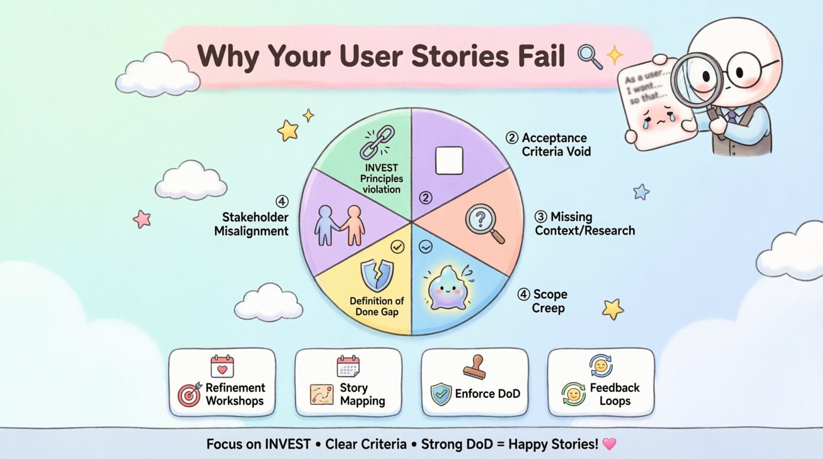 Kawaii-style infographic illustrating six root causes of user story failures for product managers: INVEST principle violations, vague acceptance criteria, missing user research, scope creep, Definition of Done gaps, and stakeholder misalignment. Features cute pastel vector icons, a detective PM character with magnifying glass, and remediation strategies including refinement workshops, story mapping, and feedback loops. Designed in 16:9 aspect ratio with rounded shapes and soft colors for engaging product management education.