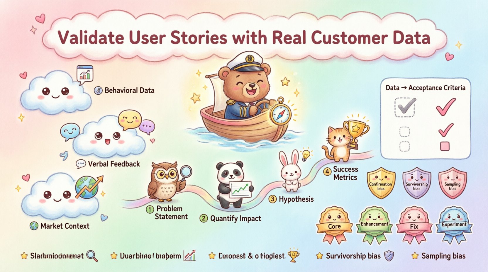 Kawaii-style infographic illustrating how to validate user stories with real customer data before development, featuring a cute bear captain navigating with a data-powered compass, three data source clouds (behavioral analytics, verbal feedback, market research), four-step validation framework (problem statement, impact quantification, hypothesis, success metrics), acceptance criteria transformation, validation checklist badges, cognitive bias warnings, and key takeaways - all in soft pastel colors with adorable characters for product teams and agile developers