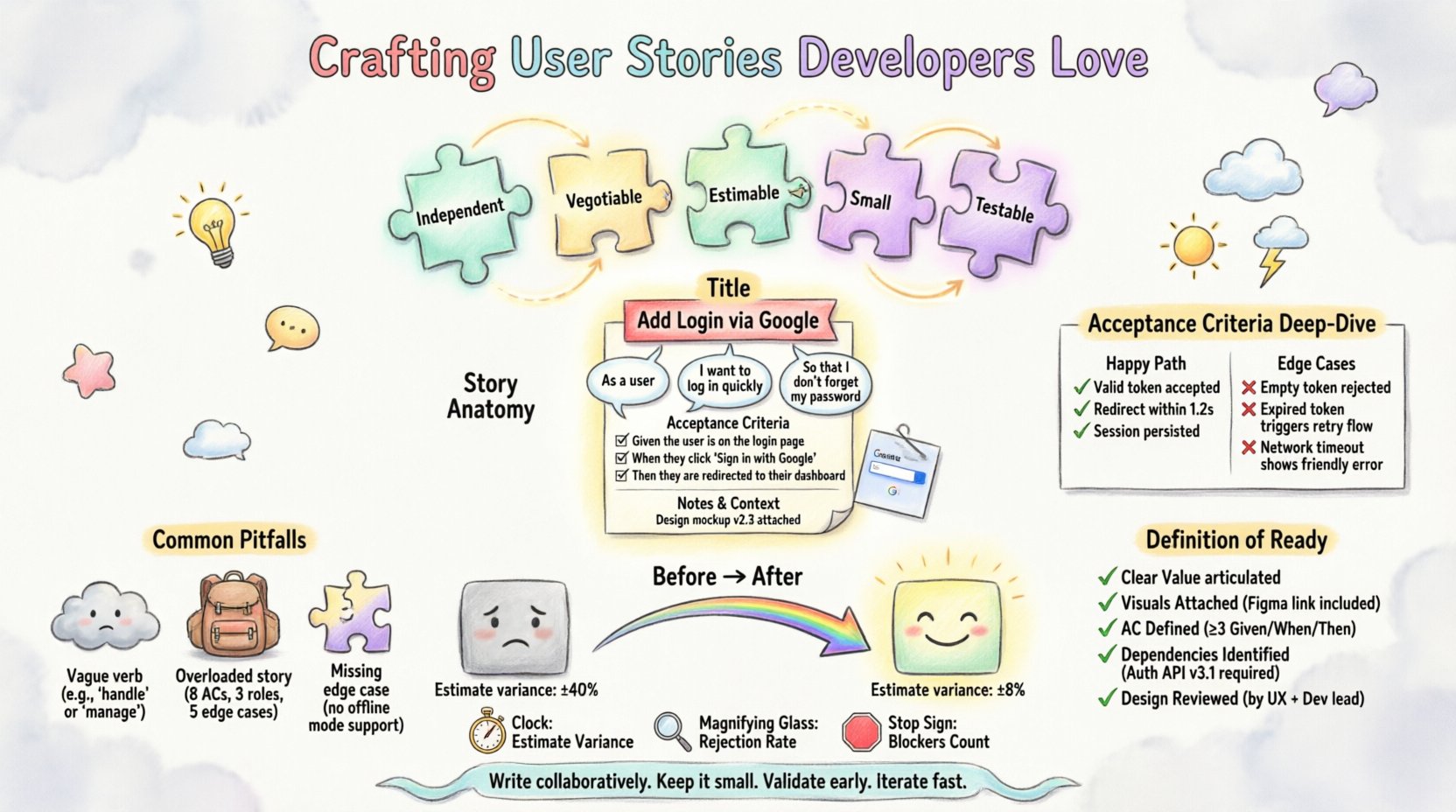 Whimsical infographic guide illustrating how to craft user stories developers love, featuring the INVEST model puzzle pieces (Independent, Negotiable, Valuable, Estimable, Small, Testable), story anatomy breakdown with As a/I want/So that framework, acceptance criteria examples using Given/When/Then syntax, common pitfalls to avoid, Definition of Ready checklist, before-and-after story transformation, and key metrics for measuring story health in agile software development
