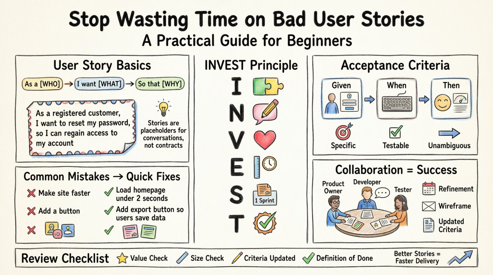 Marker-style infographic teaching beginner agile teams how to write effective user stories, featuring the INVEST principle checklist (Independent, Negotiable, Valuable, Estimable, Small, Testable), the standard 'As a [role] I want [action] so that [benefit]' template with example, Given-When-Then acceptance criteria pattern, common story-writing mistakes with quick fixes, and Three Amigos collaboration tips for clearer backlog items and faster delivery